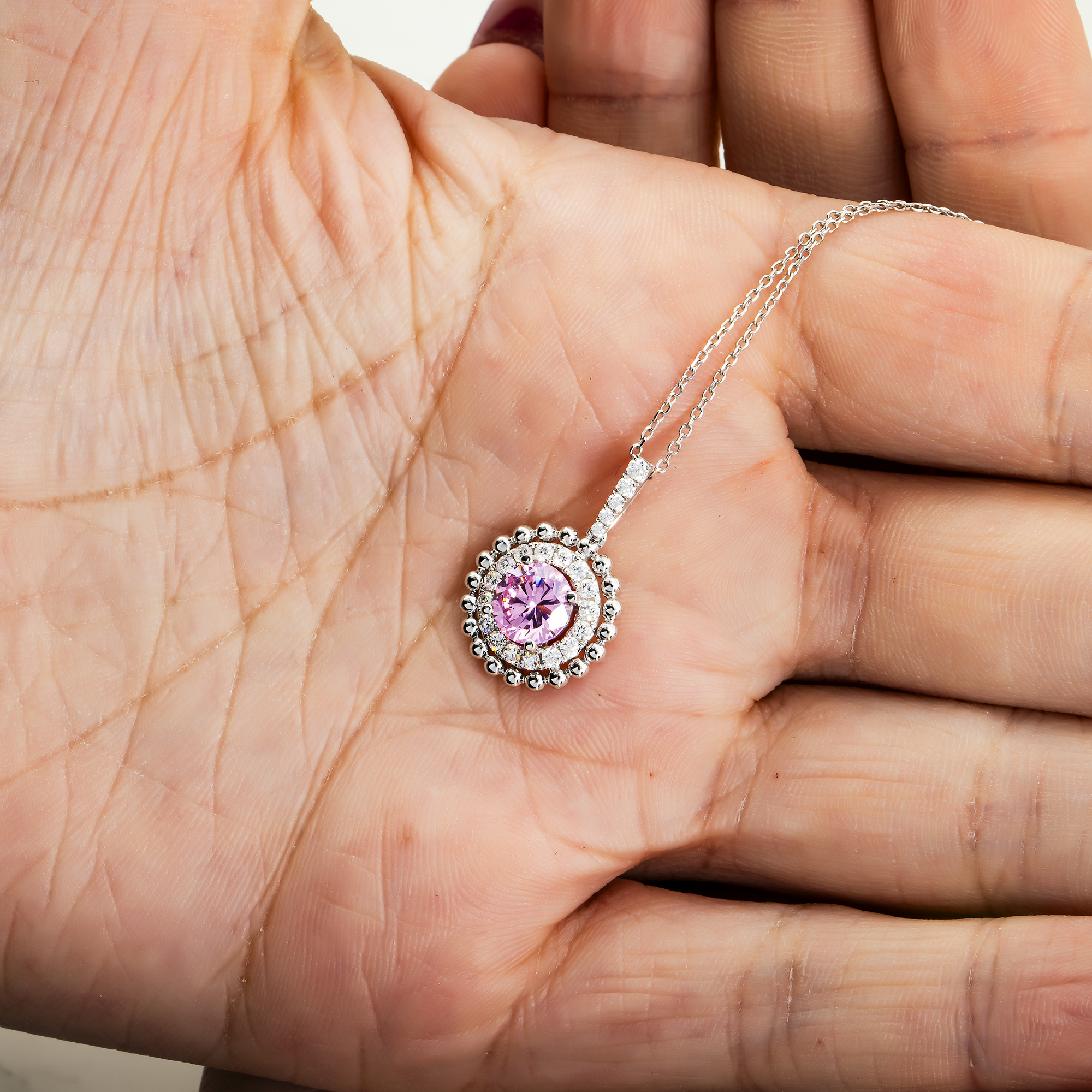 14K & 18K White Gold Round Diamond Pink Tourmaline Gemstone Necklace Jewelry