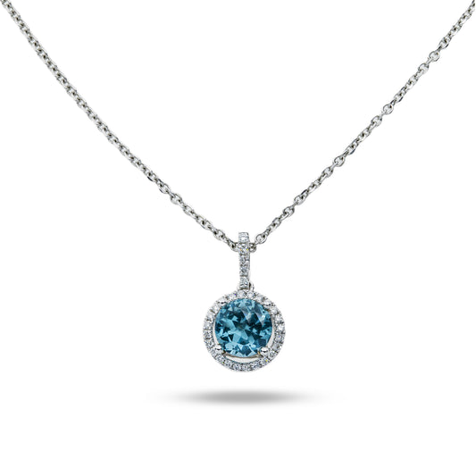 14K & 18K White Gold Round Diamond & Aquamarine Gemstone Necklace