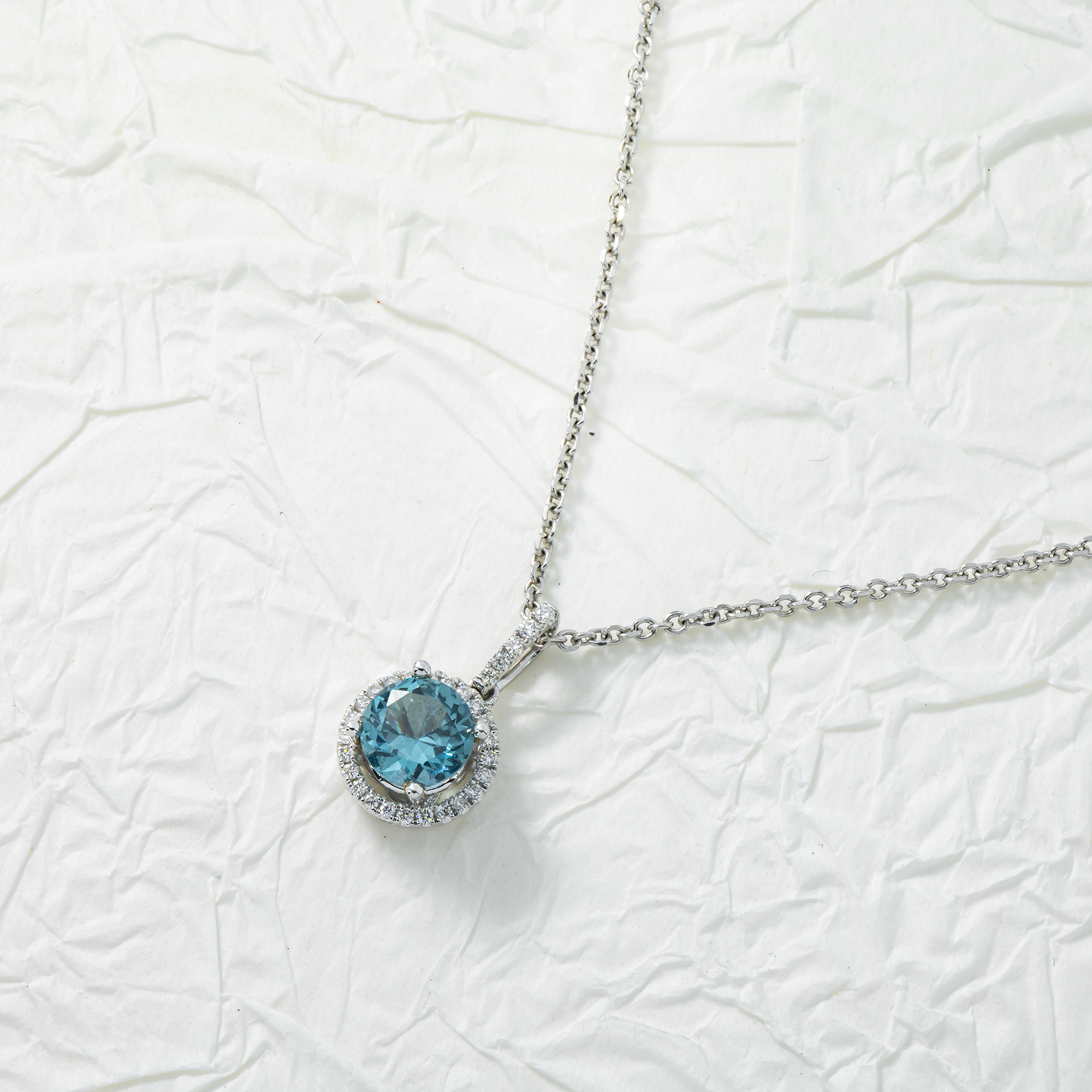 14K & 18K White Gold Round Diamond Aquamarine Gemstone Necklace Necklace