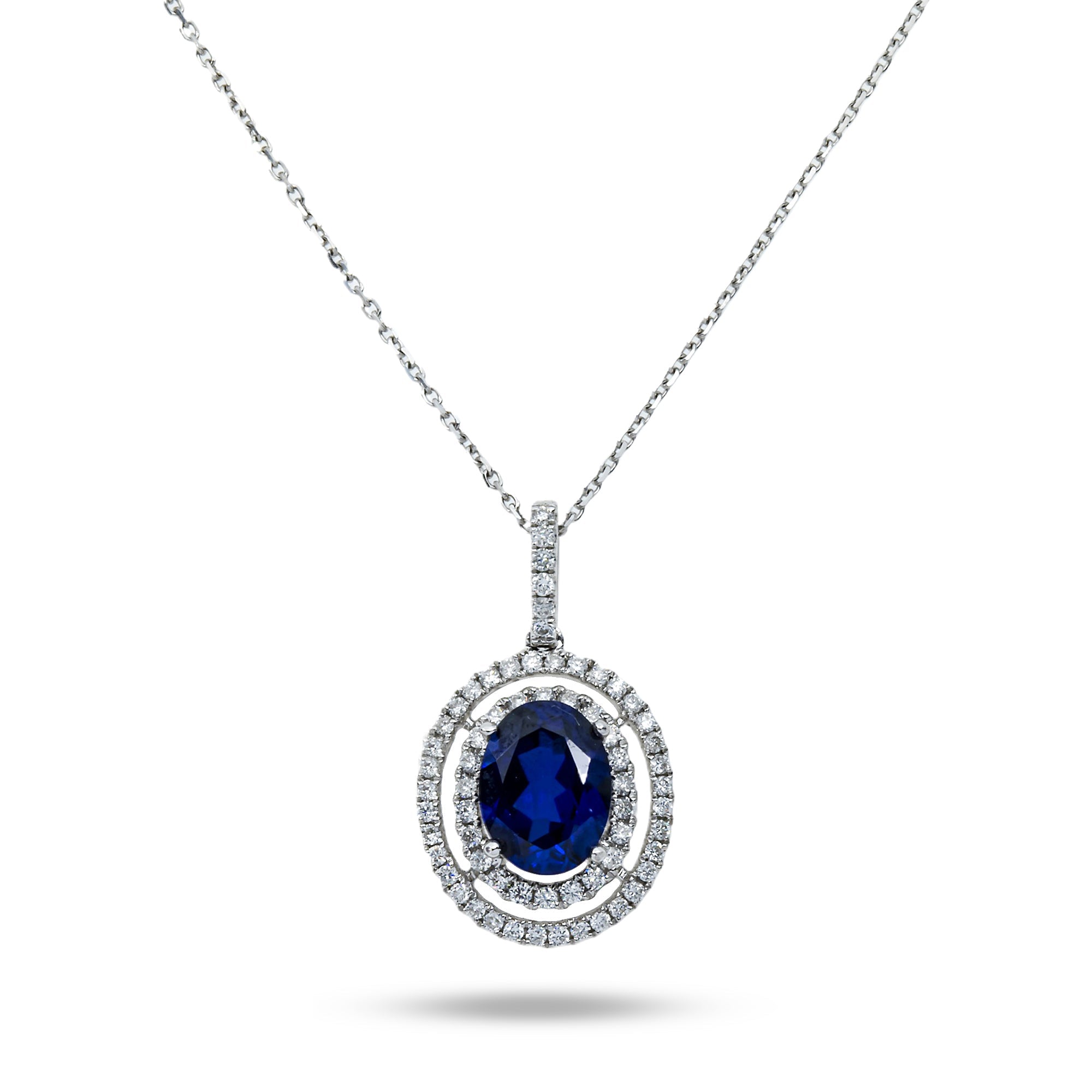 14K & 18K White Gold Diamond Oval Cut Sapphire Gemstone Necklace Necklace