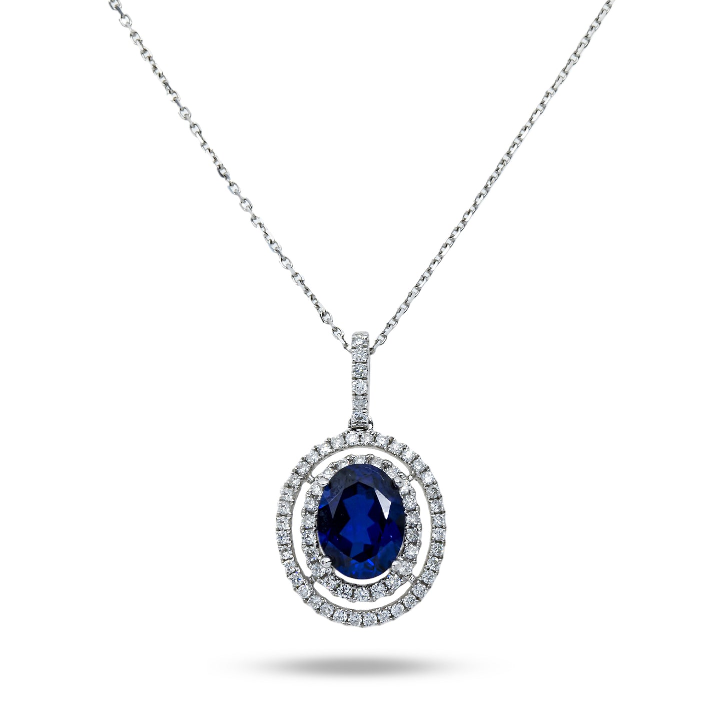 14K & 18K White Gold Diamond & Oval Cut Sapphire Gemstone Necklace