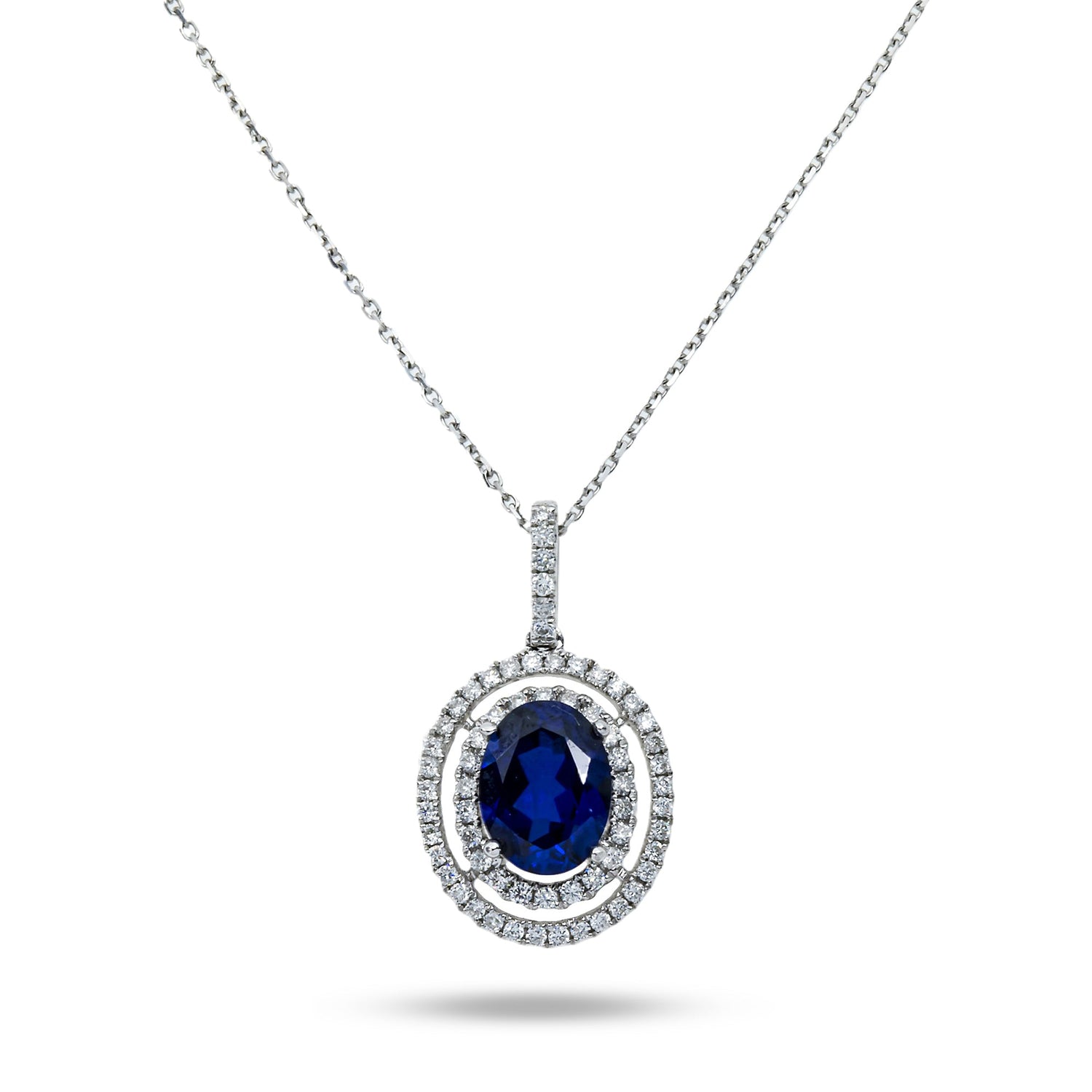 14K & 18K White Gold Diamond Oval Cut Sapphire Gemstone Necklace Necklace