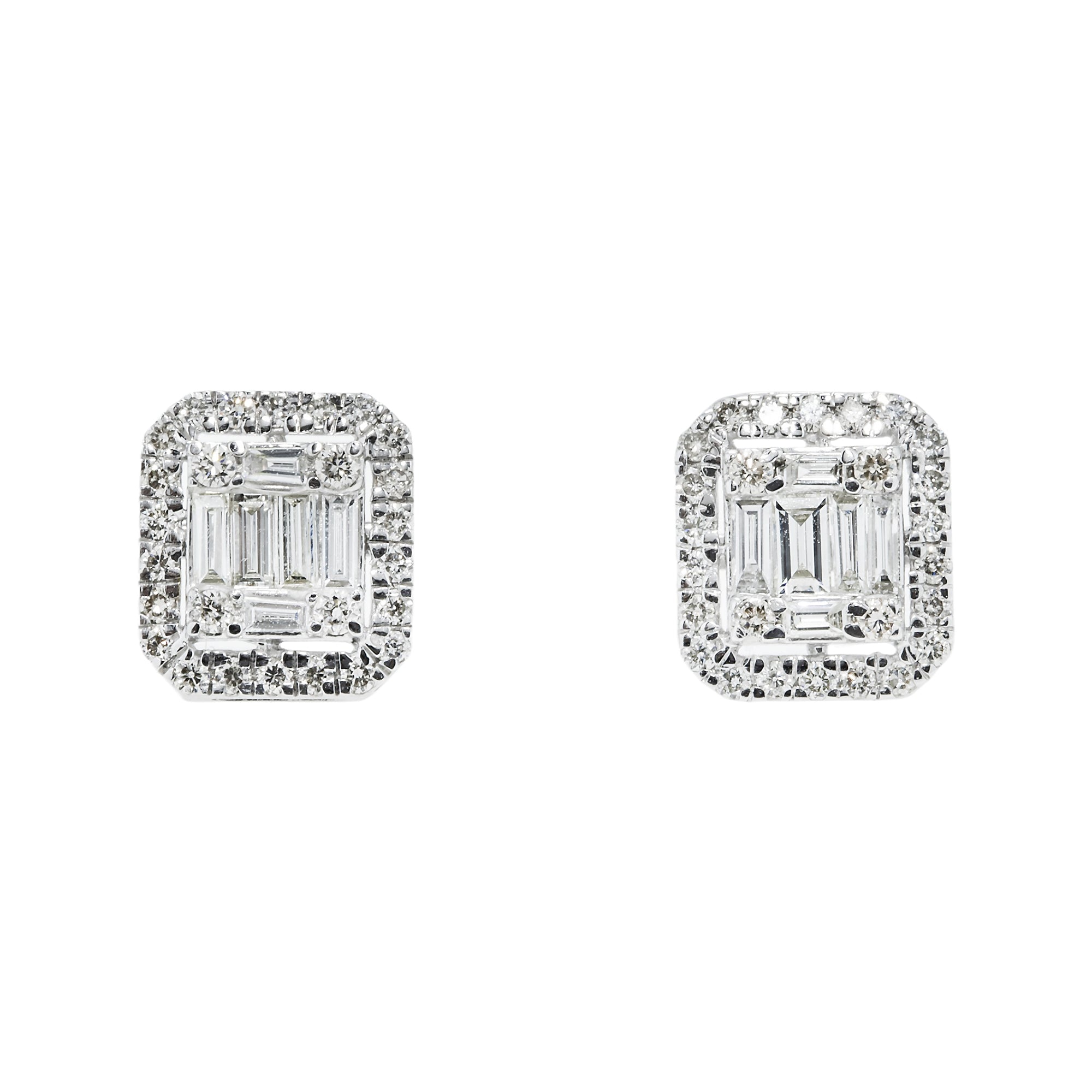 14K White Gold Baguette & Round Diamond Rectangle Studs Earrings 1.45Ctw