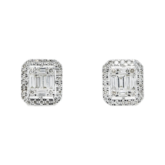 14K White Gold Baguette & Round Diamond Rectangle Studs Earrings 1.45ctw