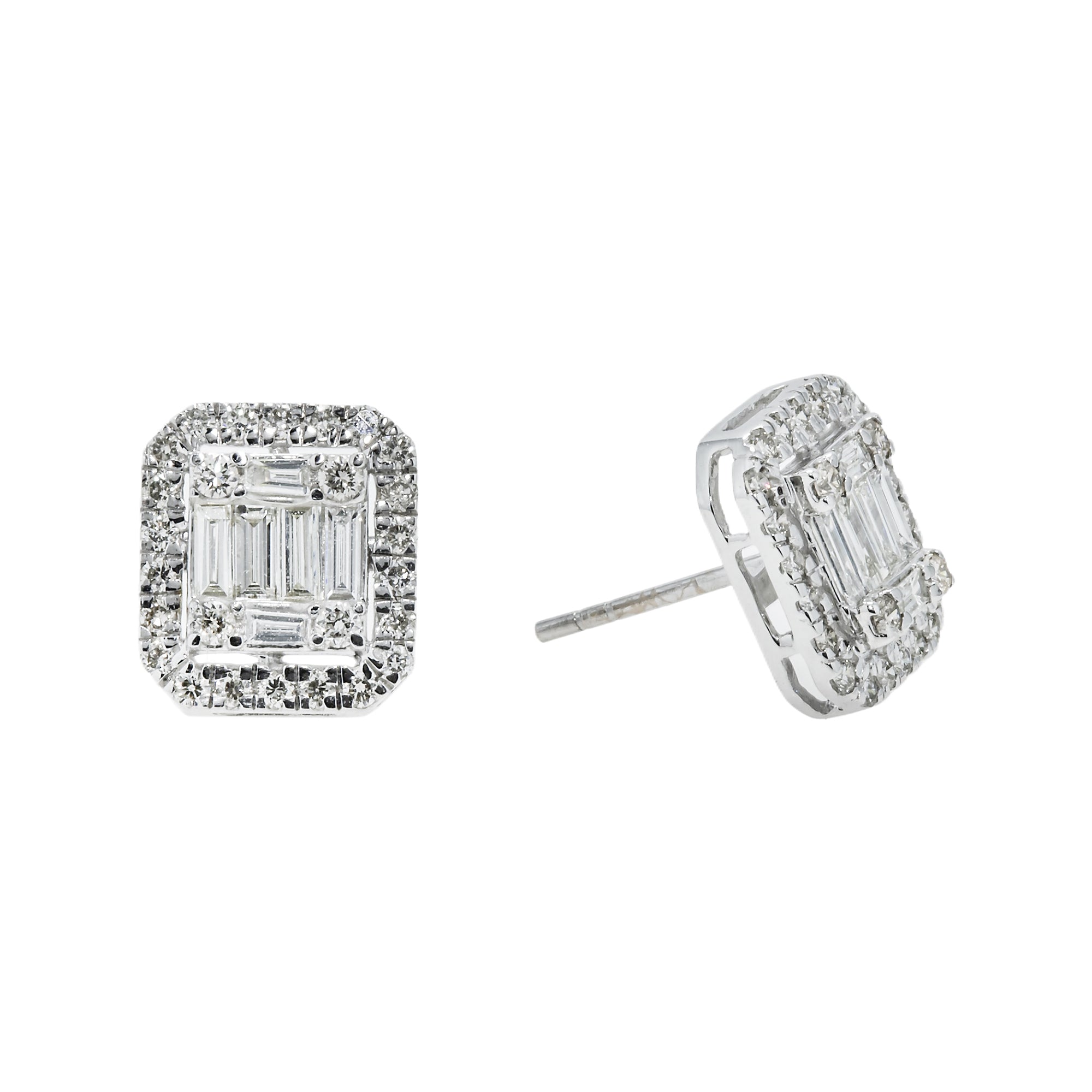 14K White Gold Baguette & Round Diamond Rectangle Studs Earrings 1.45Ctw