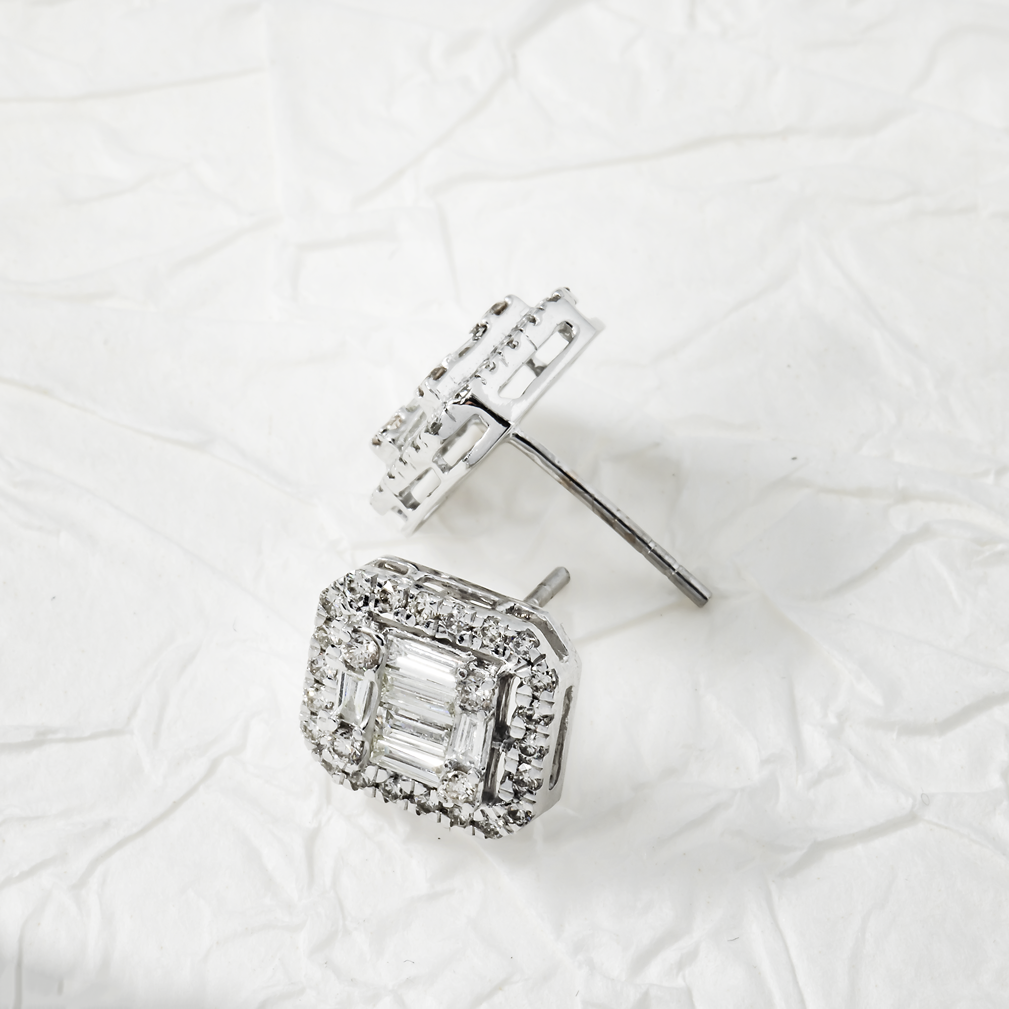 14K White Gold Baguette & Round Diamond Rectangle Studs Earrings 1.45Ctw