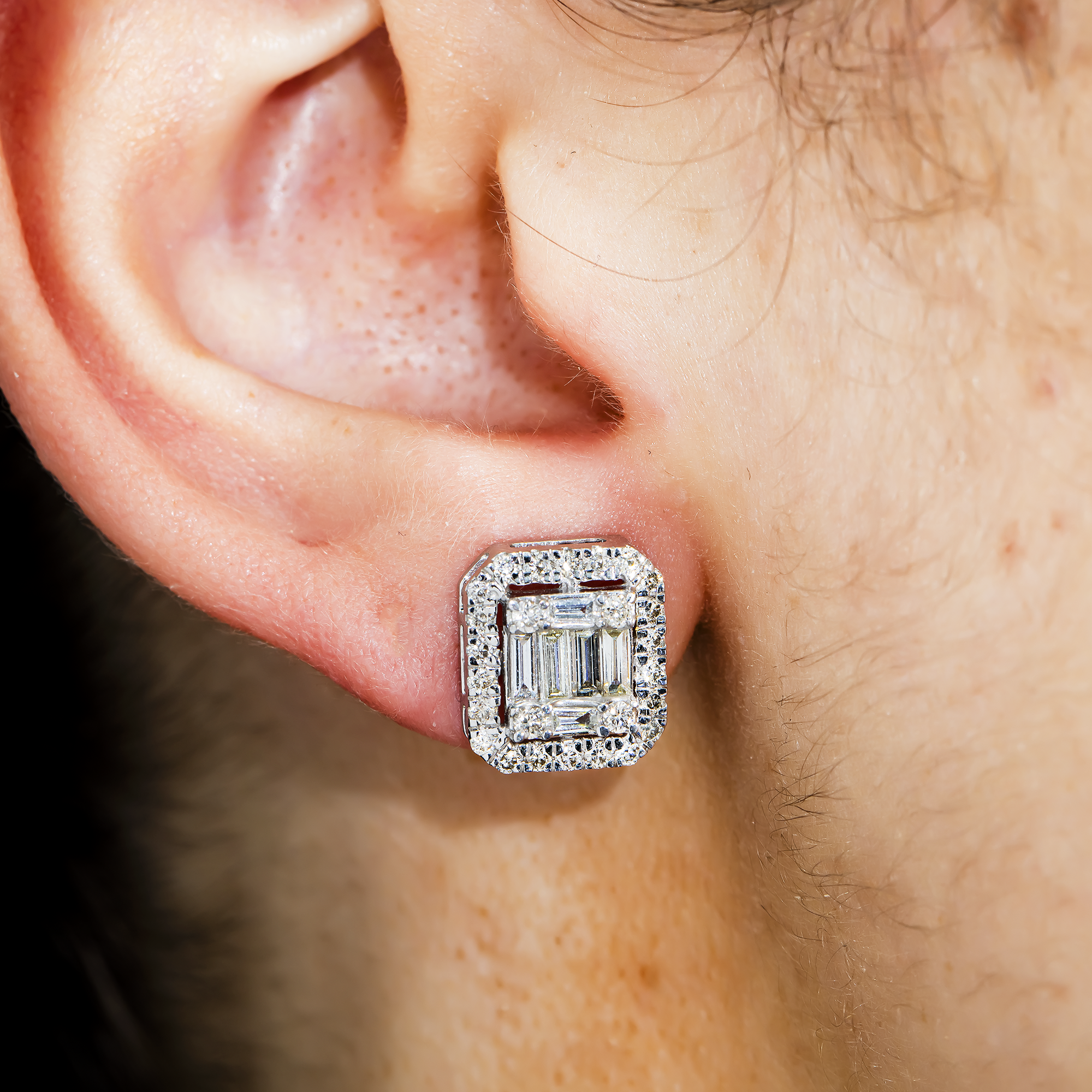 14K White Gold Baguette & Round Diamond Rectangle Studs Earrings 1.45Ctw
