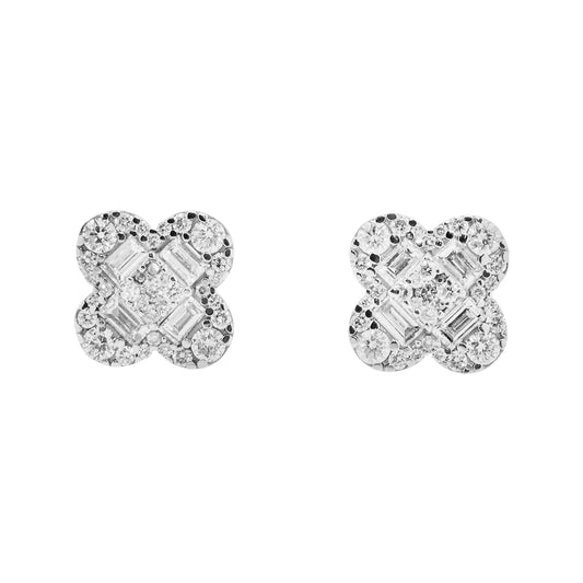 14K White Gold Emerald & Round Diamond Clover Stud Earrings 1.44ctw