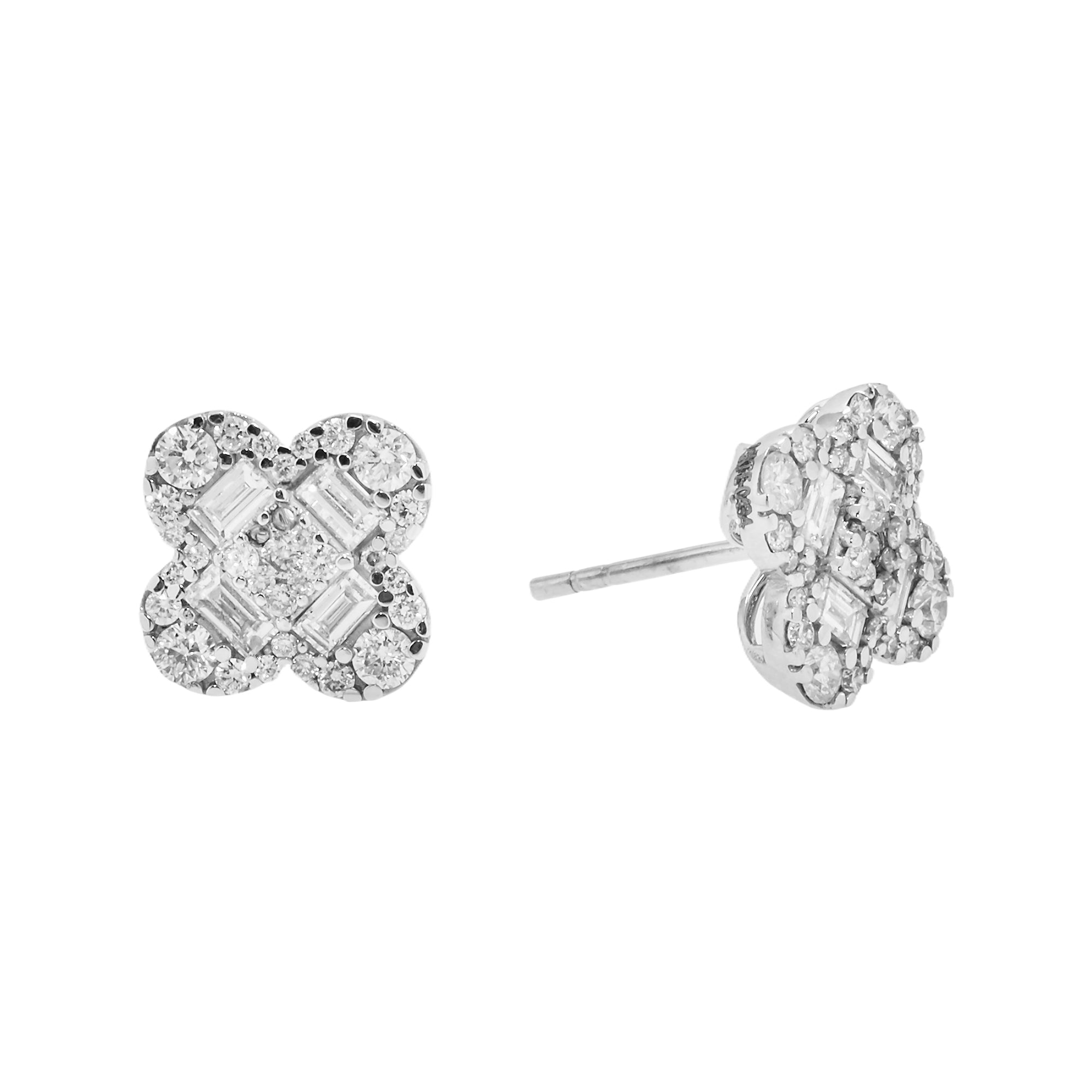 14K White Gold Emerald & Round Diamond Clover Stud Earrings 1.44Ctw