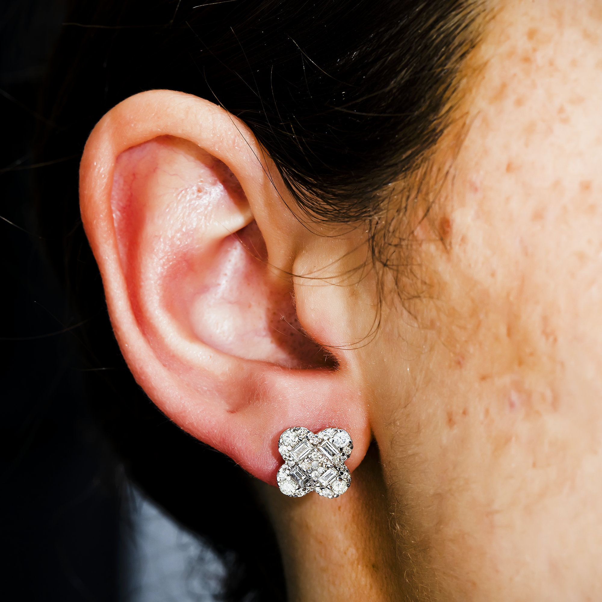 14K White Gold Emerald & Round Diamond Clover Stud Earrings 1.44Ctw