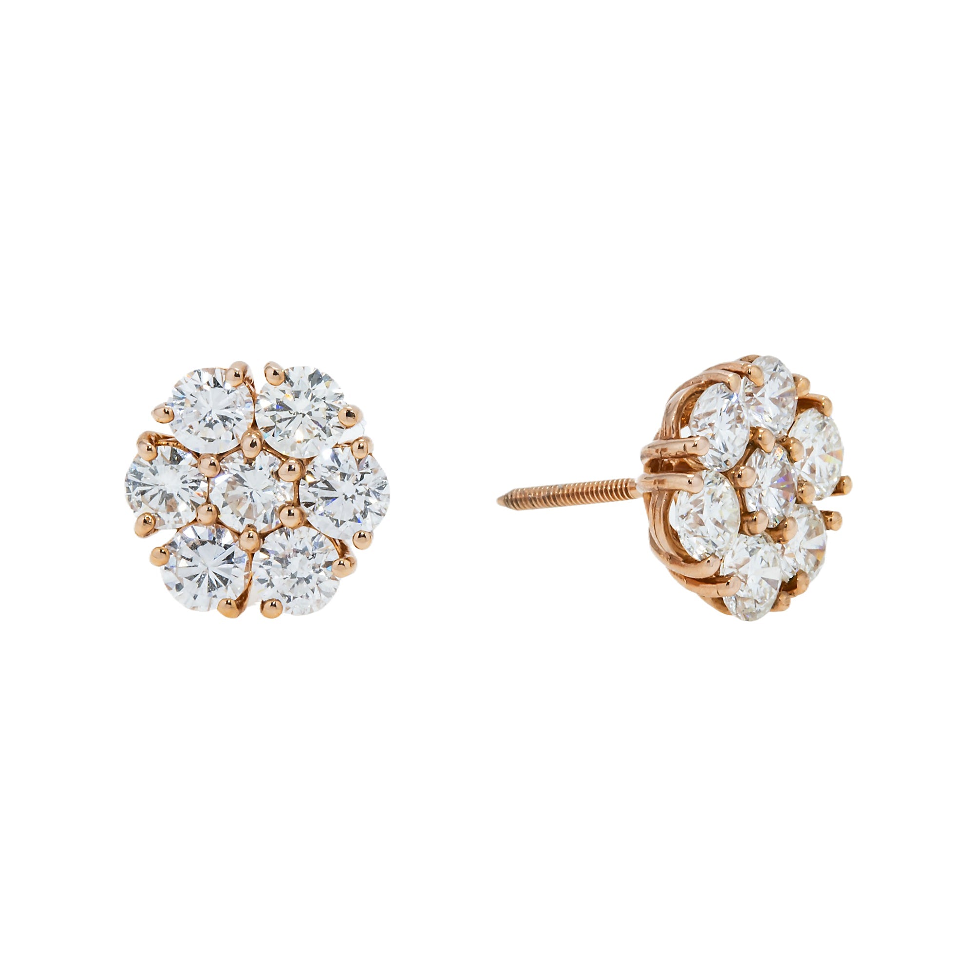 14K Rose Gold Round Cut Flower Set Diamond Stud Earrings 3.0Ctw