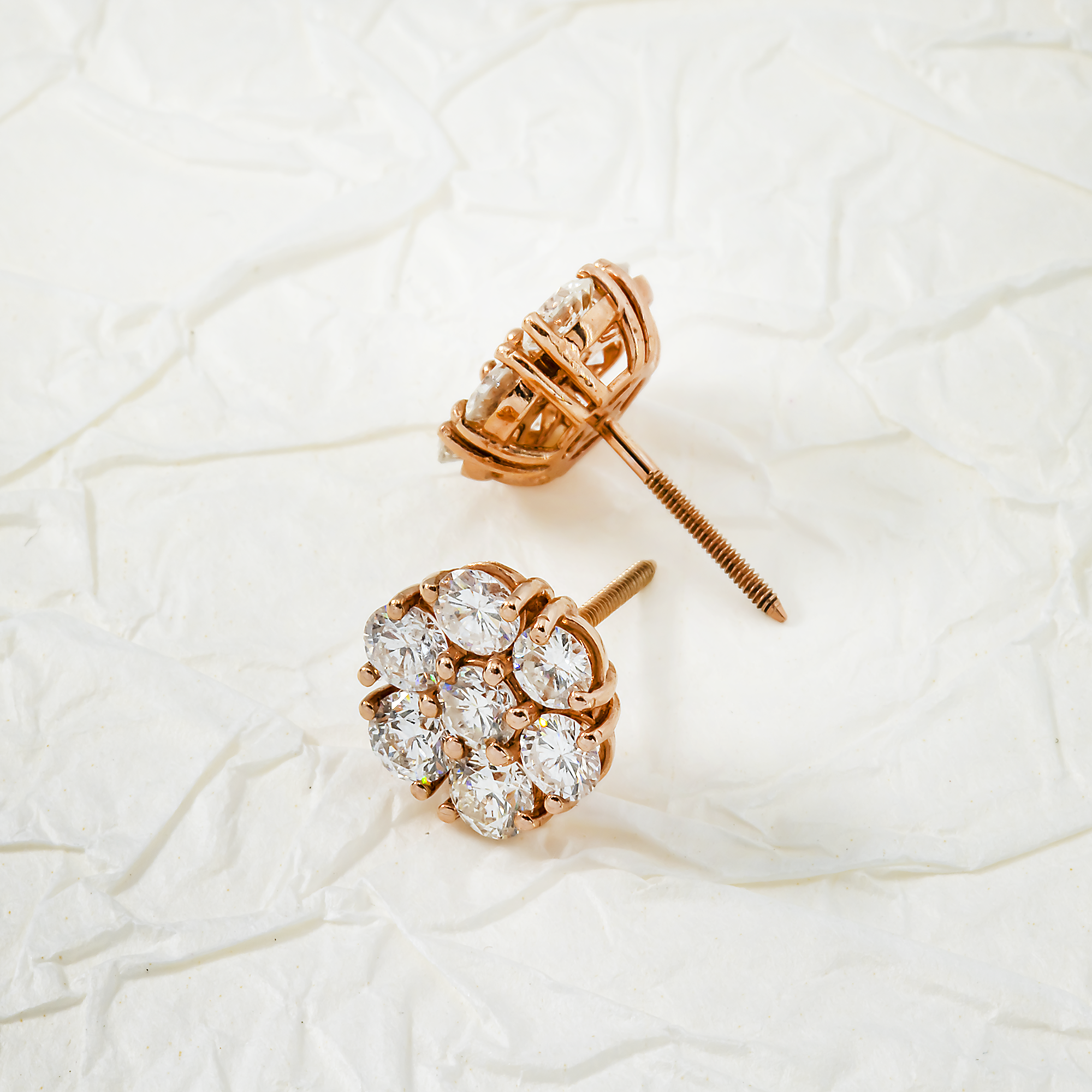 14K Rose Gold Round Cut Flower Set Diamond Stud Earrings 3.0Ctw