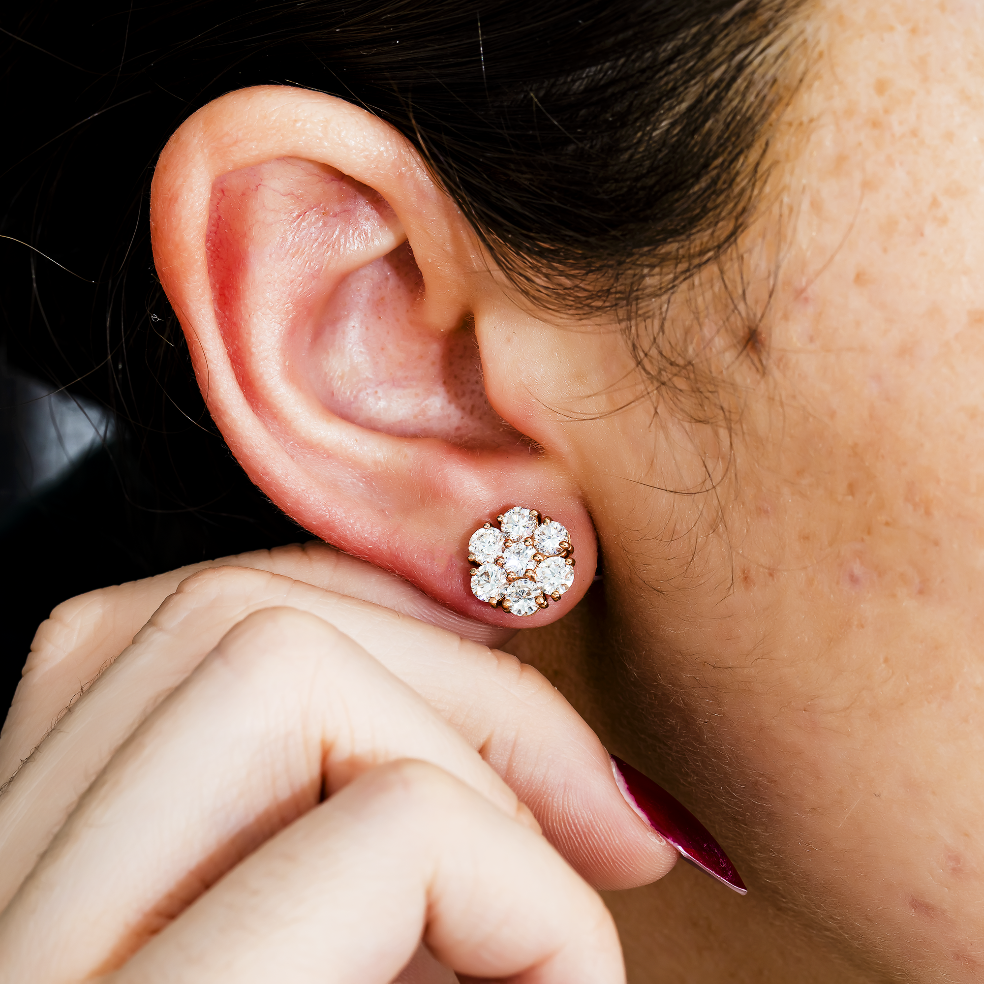 14K Rose Gold Round Cut Flower Set Diamond Stud Earrings 3.0Ctw