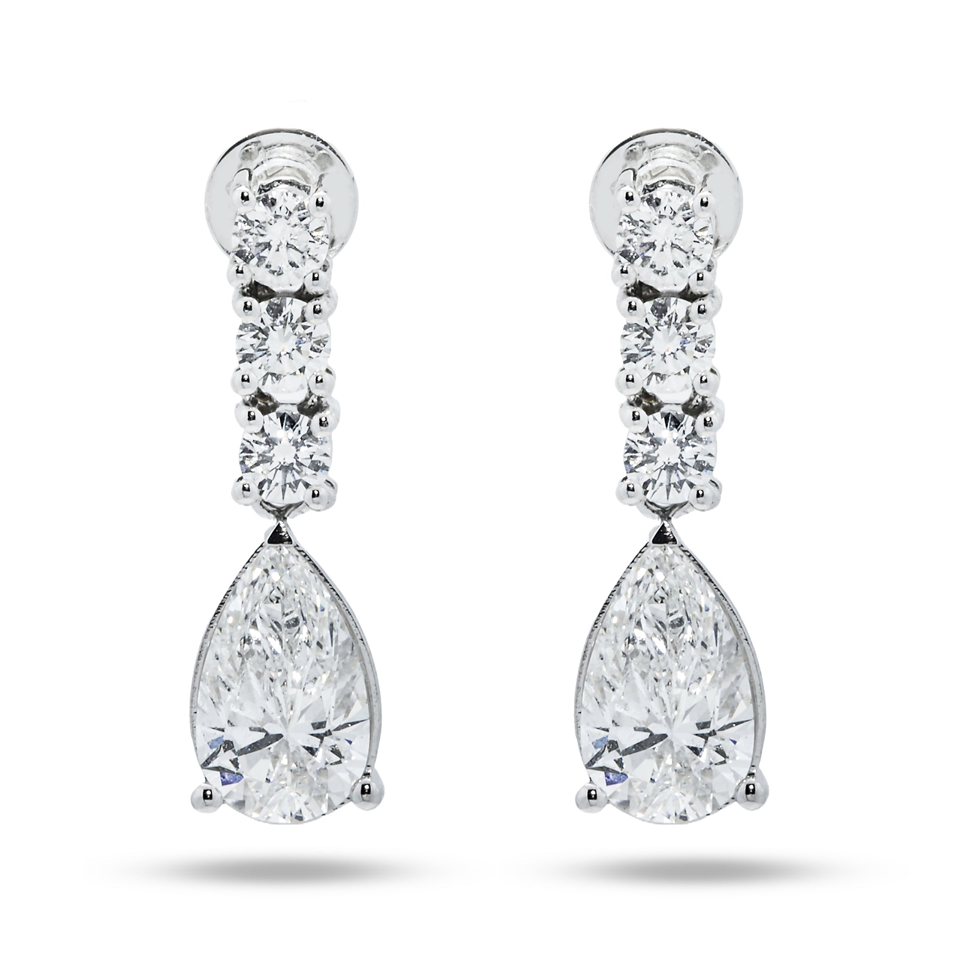 18K White Gold Pear & Round Diamond Drop Earrings 2.79Ctw