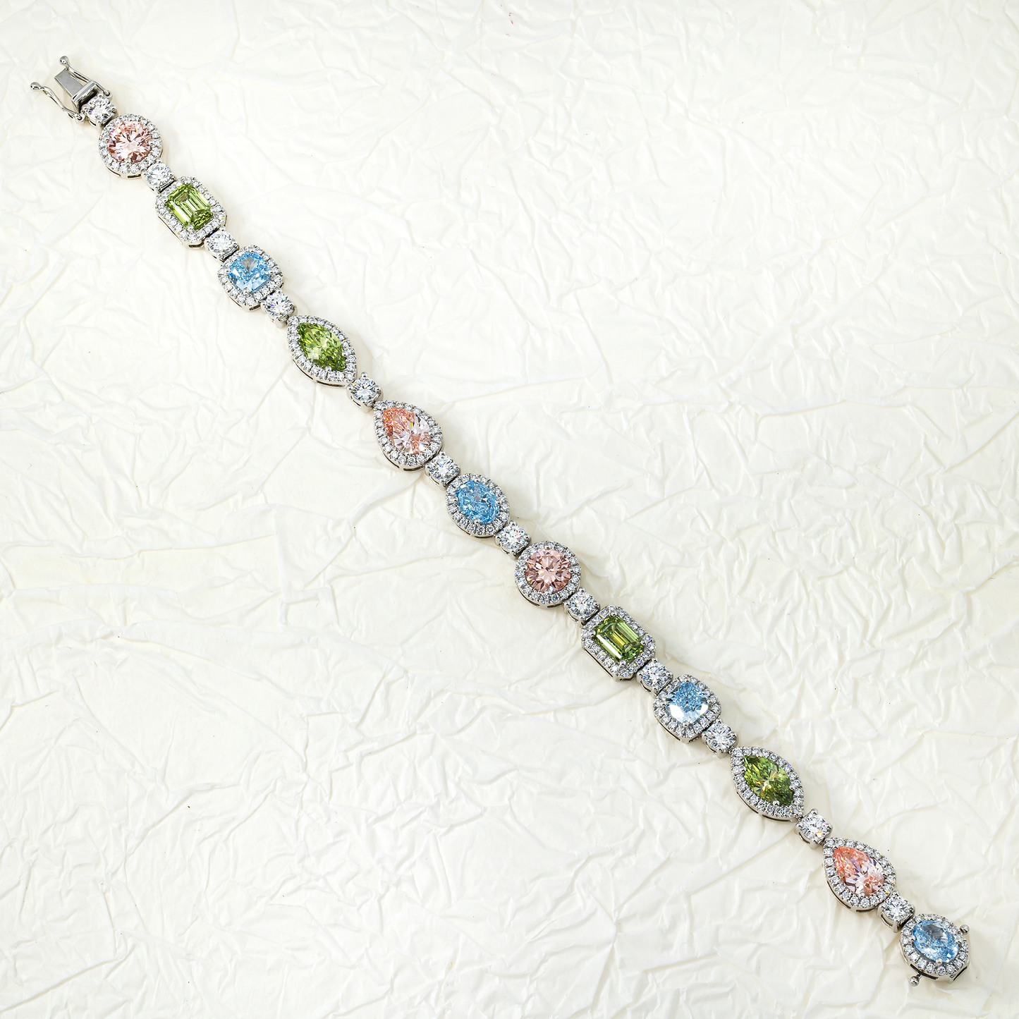 18K White Gold Multi Cut Fancy Color Diamond Bracelet (matching set)