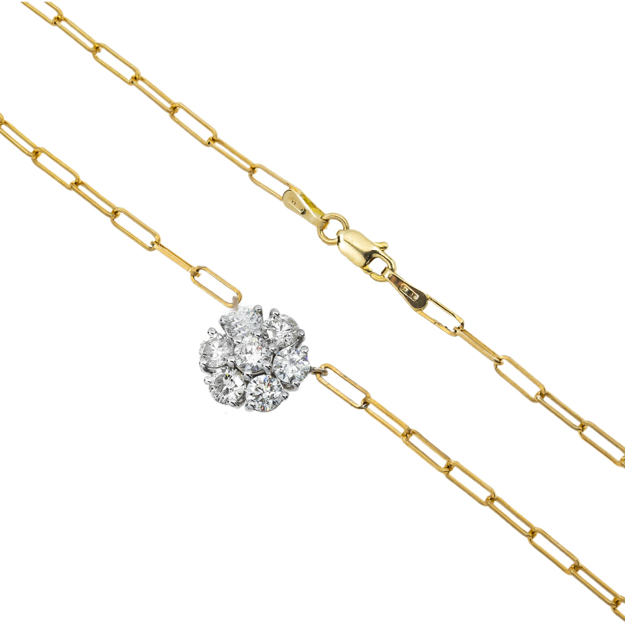 14K Yellow Gold Flower Set Diamond Paper Clip Chain Necklace 1.33Ct Necklace