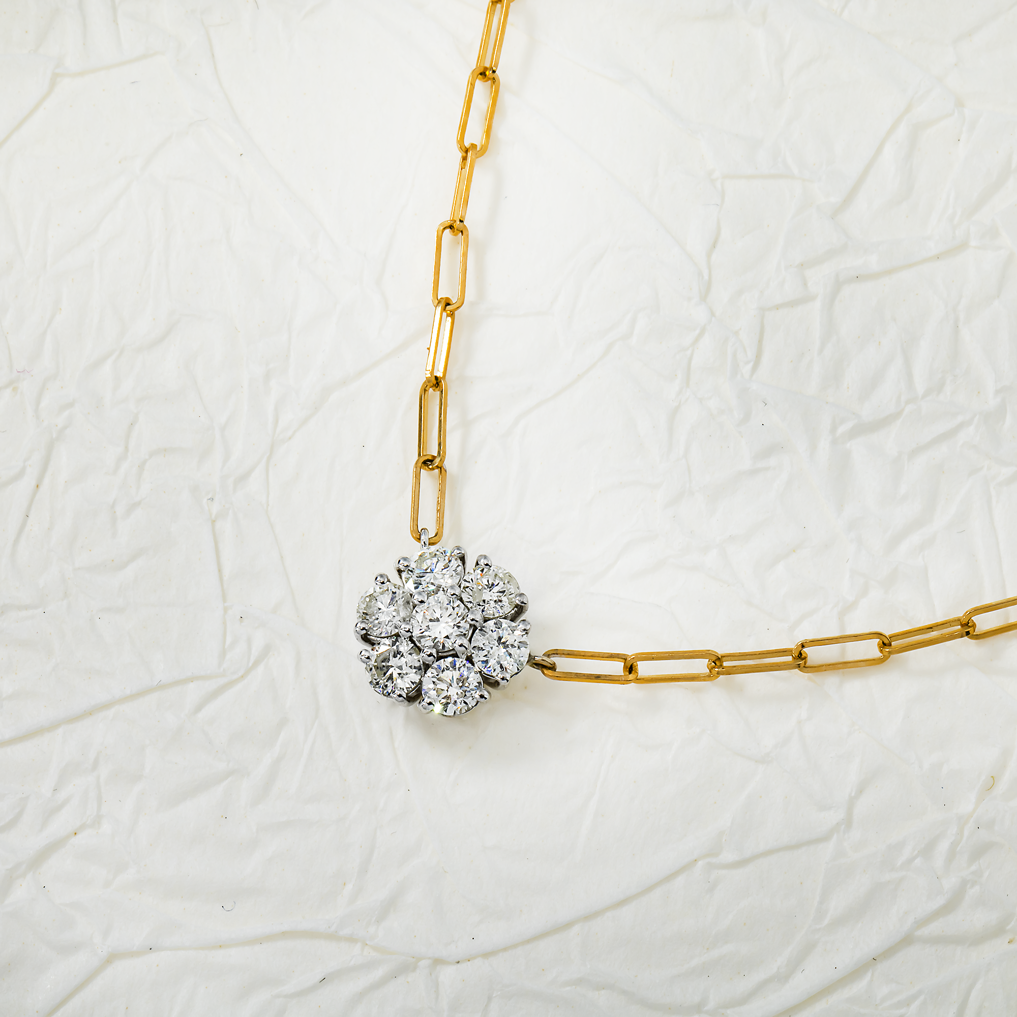 14K Yellow Gold Flower Set Diamond Paper Clip Chain Necklace 1.33Ct Necklace