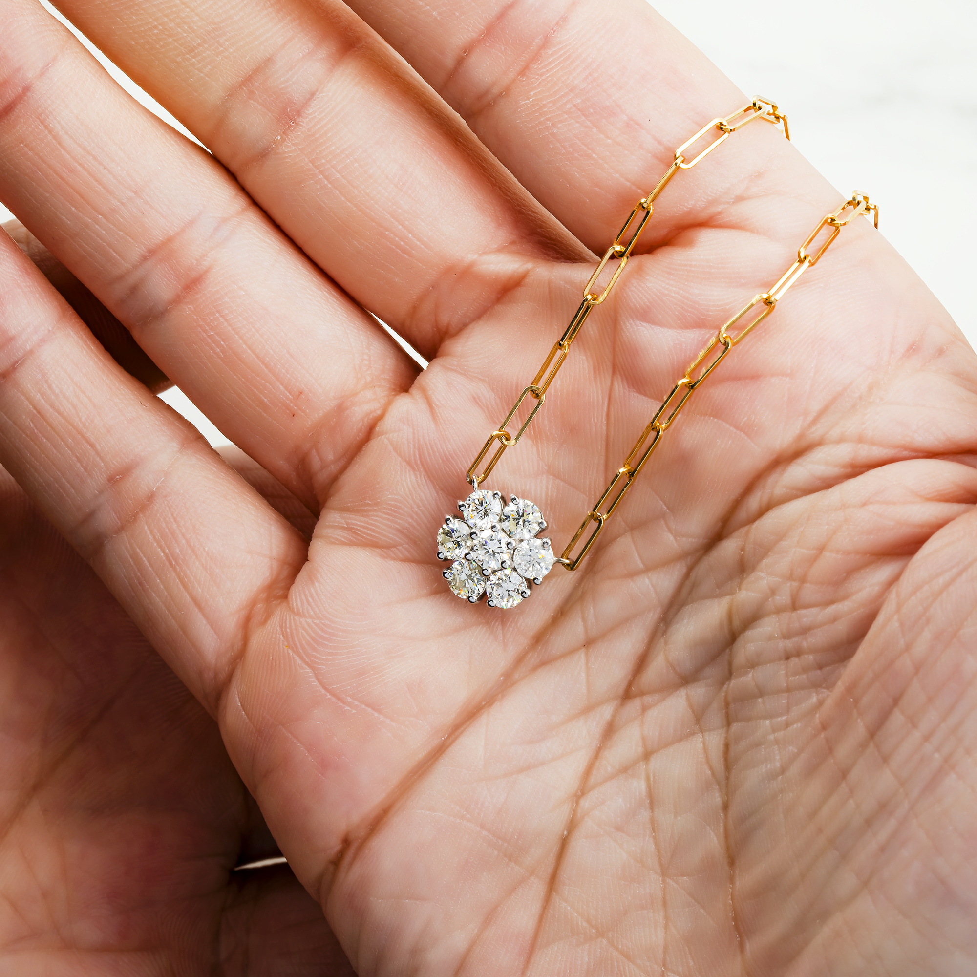 14K Yellow Gold Flower Set Diamond Paper Clip Chain Necklace 1.33Ct Necklace