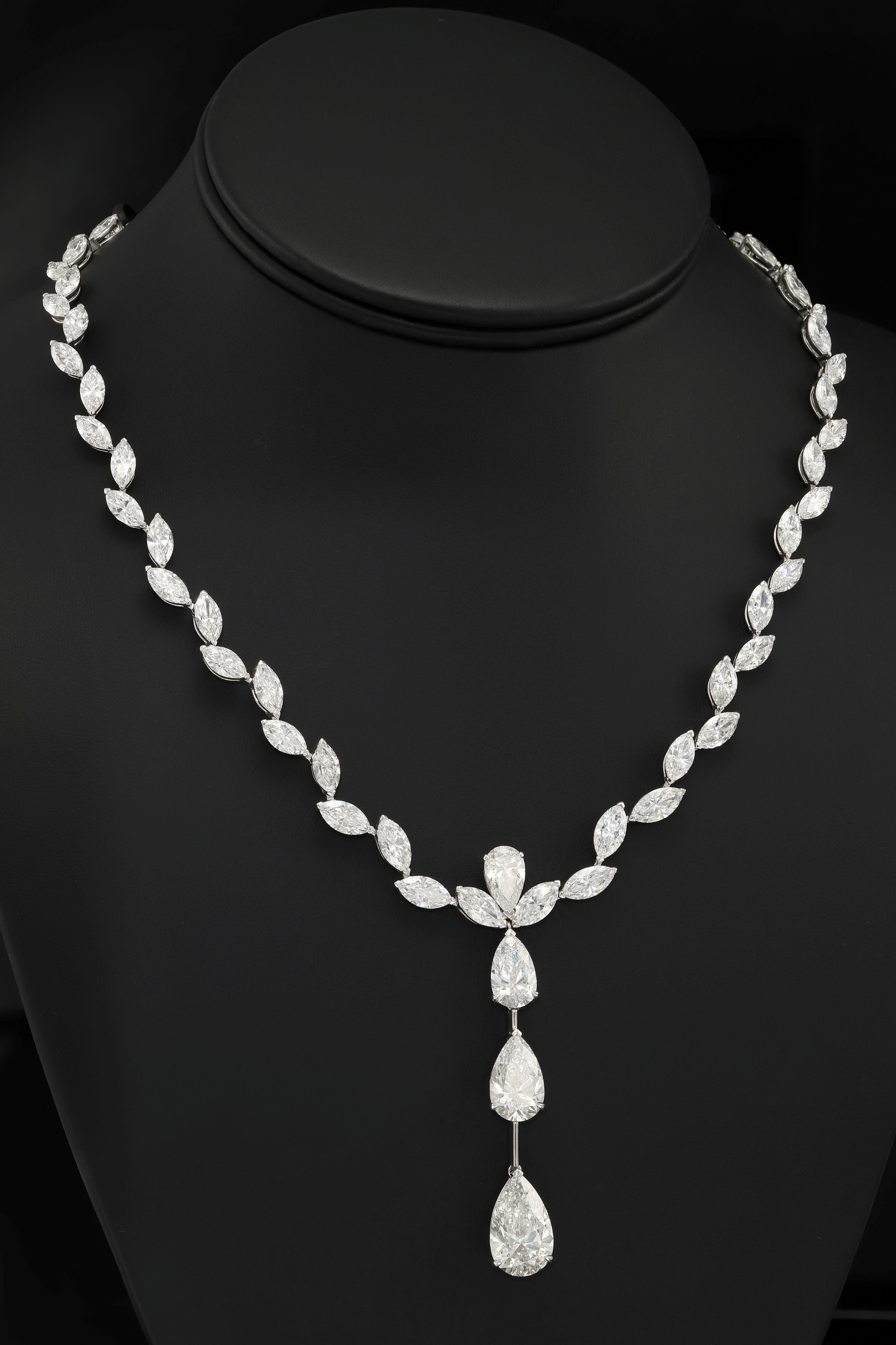 18K White Gold Marquise & Pear Cut Diamond Drop Necklace 40.36Ct Necklace