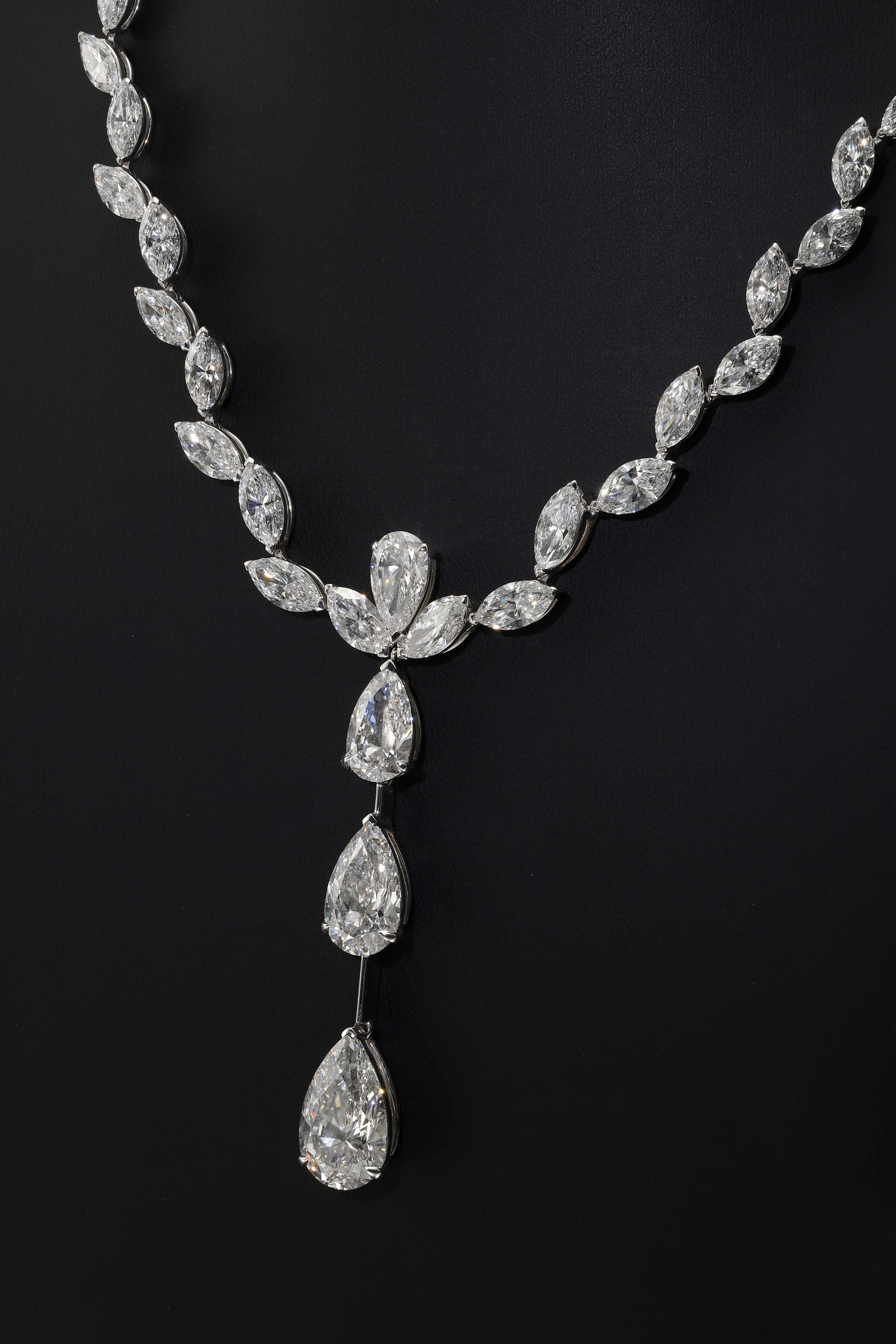 18K White Gold Marquise & Pear Cut Diamond Drop Necklace 40.36Ct Necklace