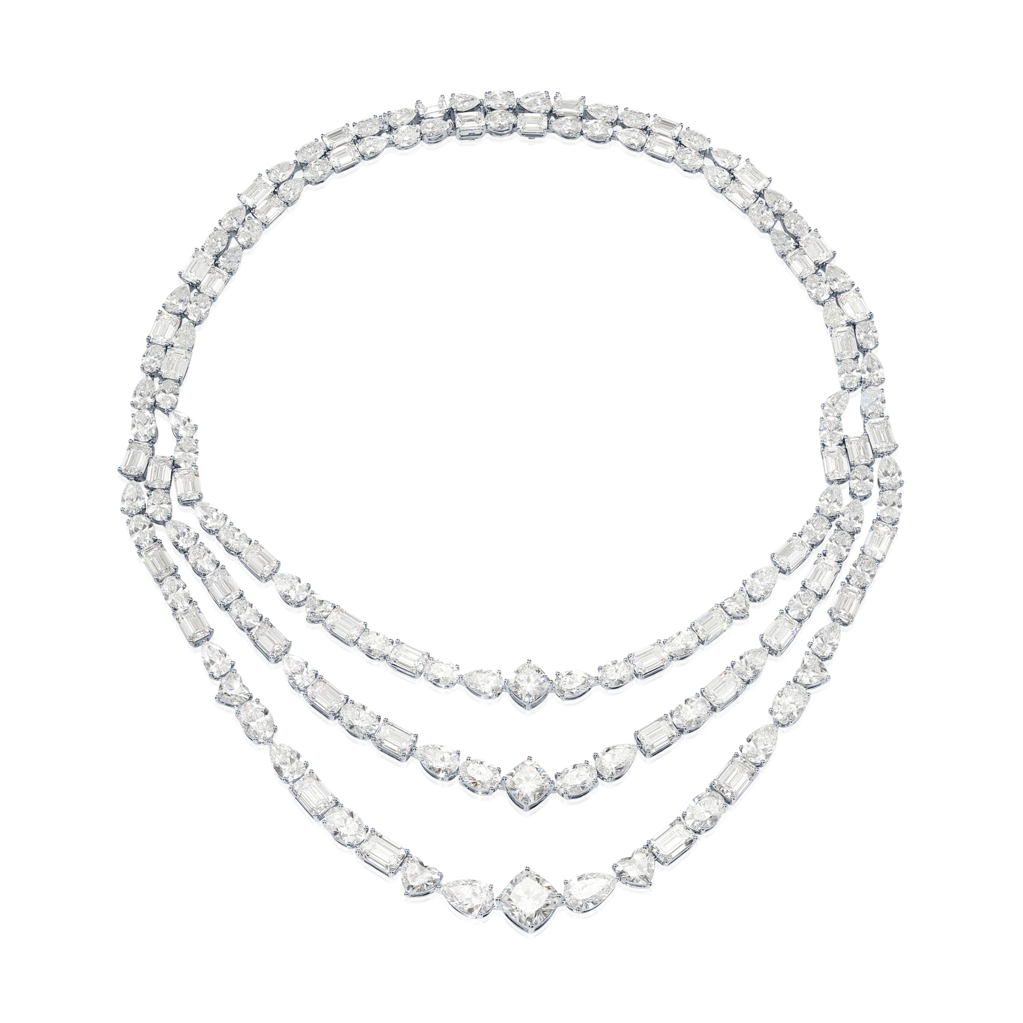 18K White Gold Combination Cut Diamond Triple Row Necklace 150.16Ct Necklace