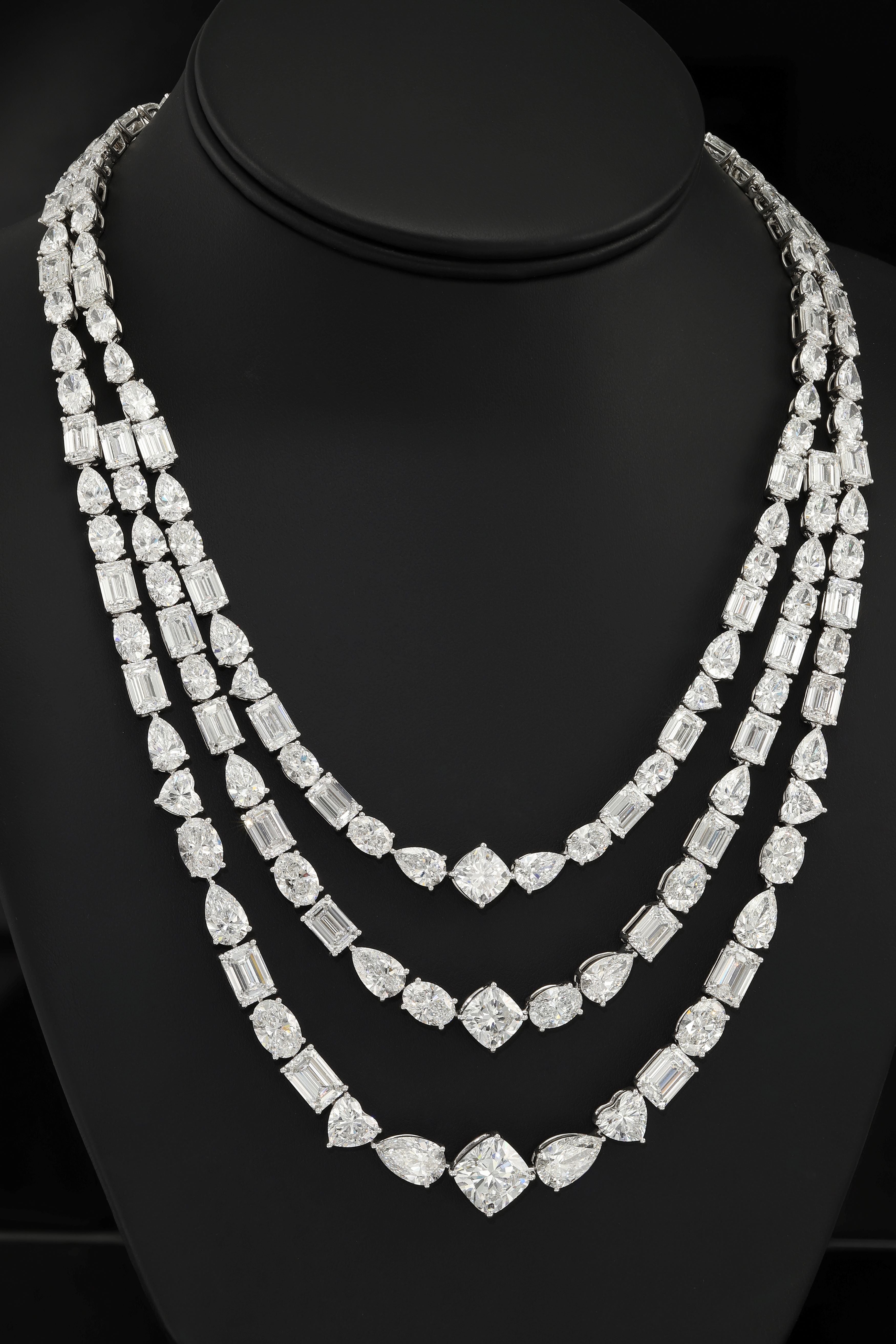 18K White Gold Combination Cut Diamond Triple Row Necklace 150.16Ct Necklace