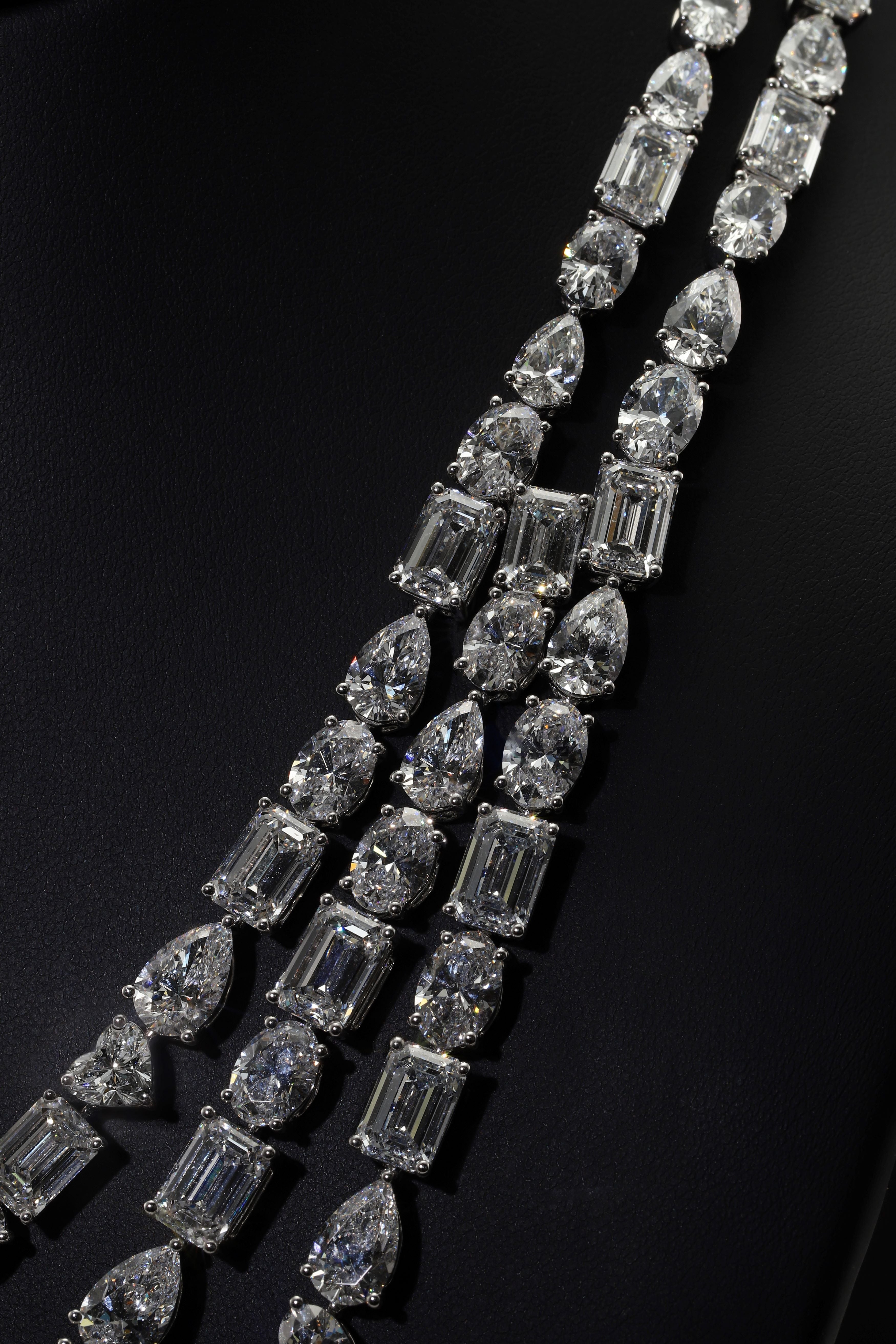 18K White Gold Combination Cut Diamond Triple Row Necklace 150.16Ct Necklace