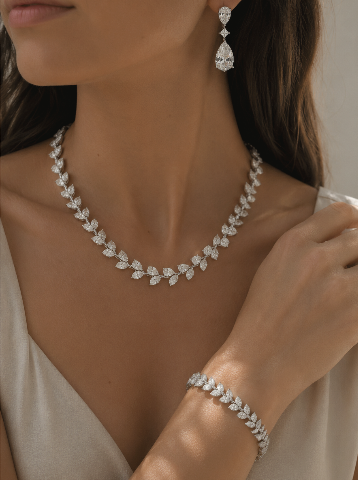 3 Piece Bundle Deal - 18K White Gold Diamond Earrings, Bracelet, & Necklace Set