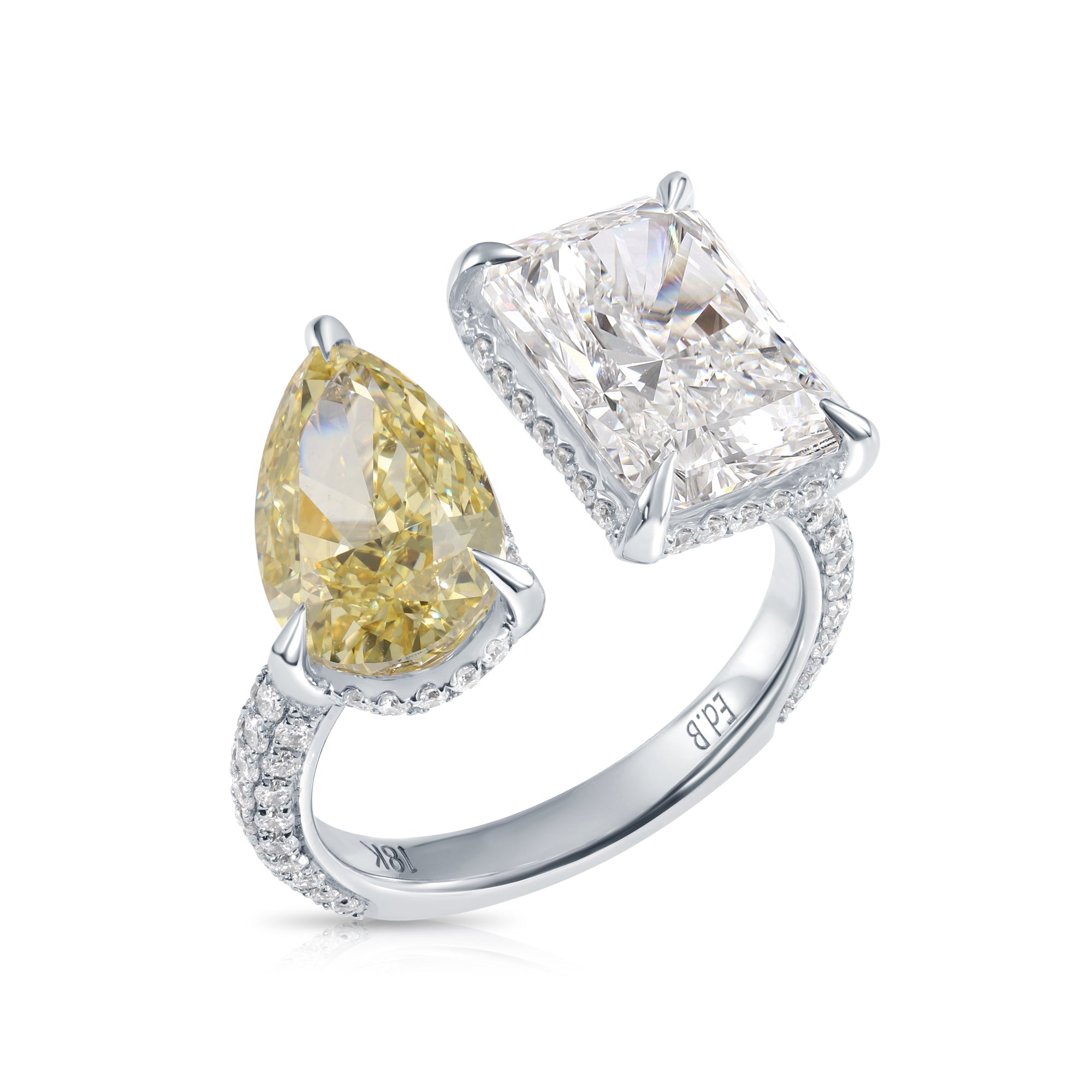 18K White Gold Radiant Cut & Fancy Yellow Pear Diamond Ring 8.25Ctw Bridal