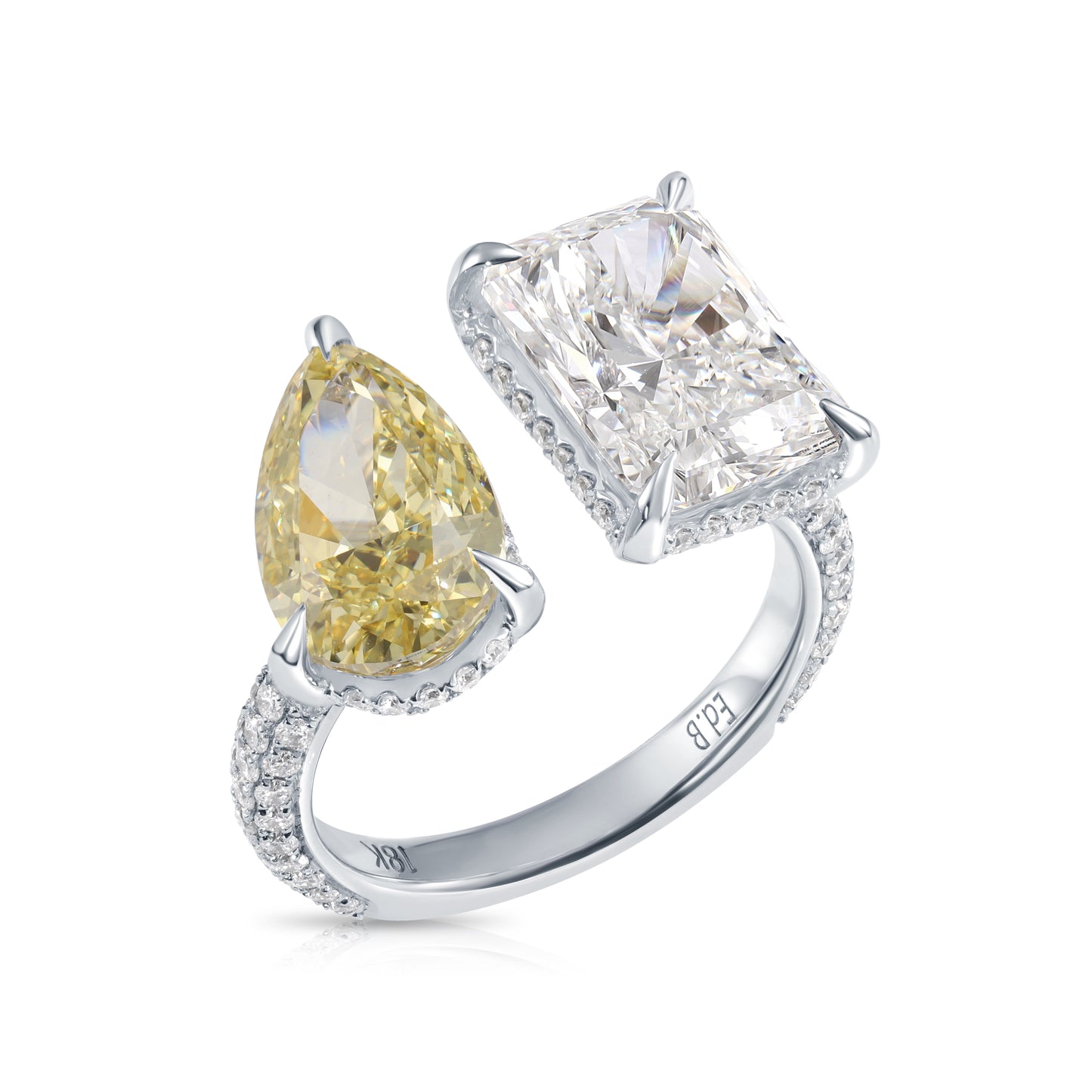 18K White Gold Radiant Cut & Fancy Yellow Pear Cut Diamond Ring 8.25ctw