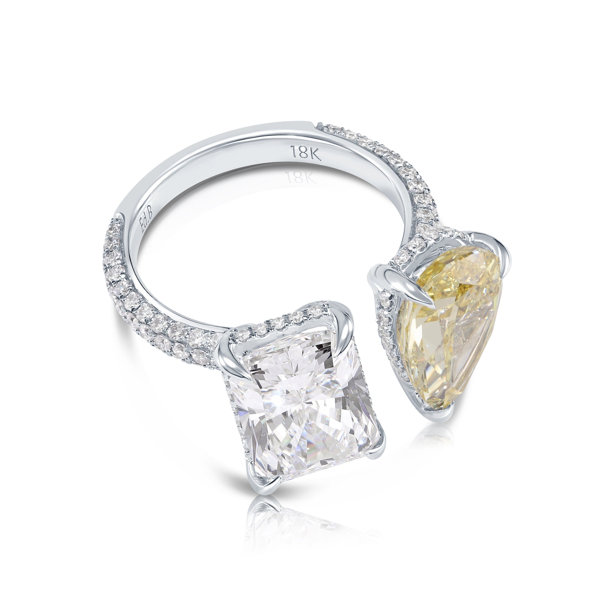 18K White Gold Radiant Cut & Fancy Yellow Pear Diamond Ring 8.25Ctw Bridal