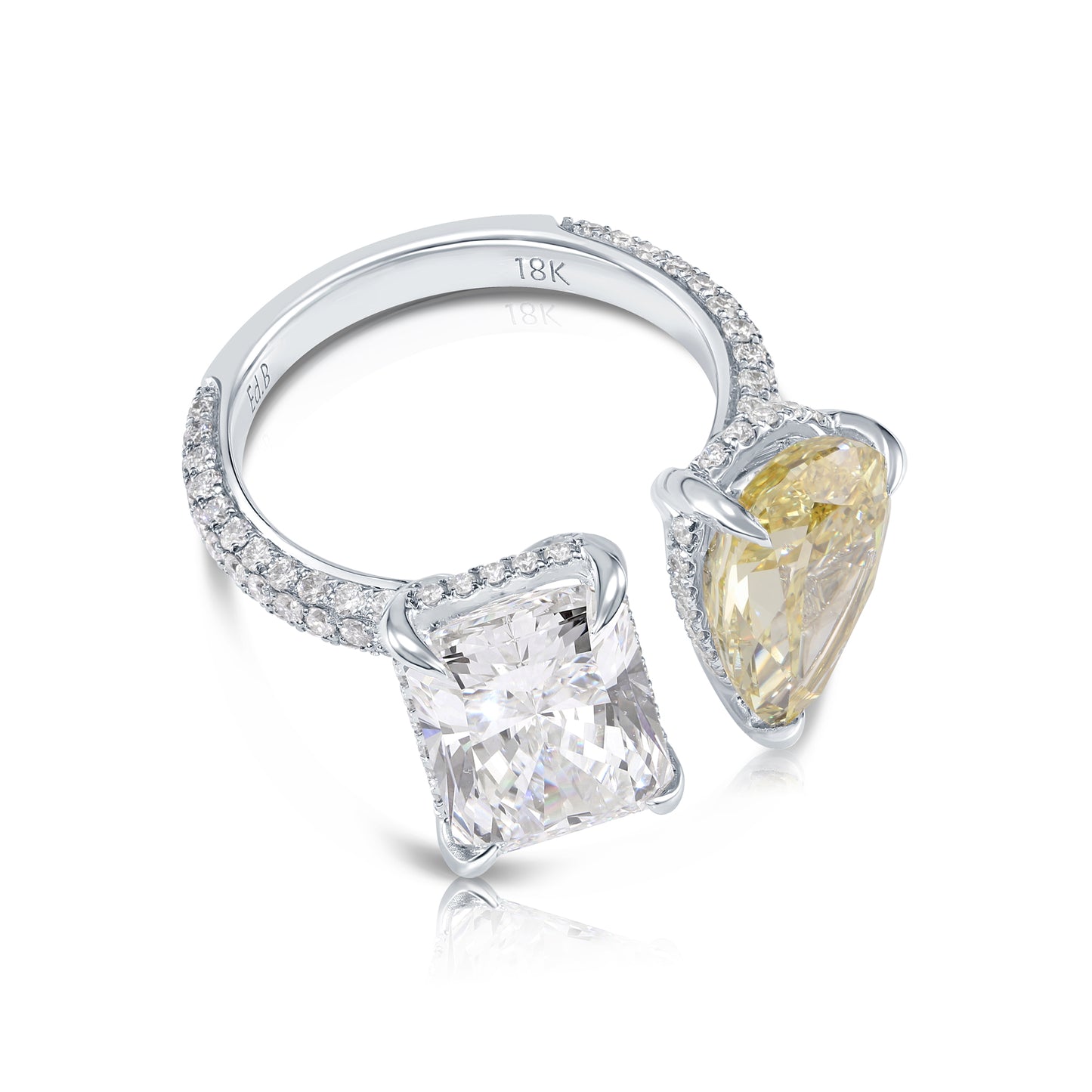 18K White Gold Radiant Cut & Fancy Yellow Pear Cut Diamond Ring 8.25ctw