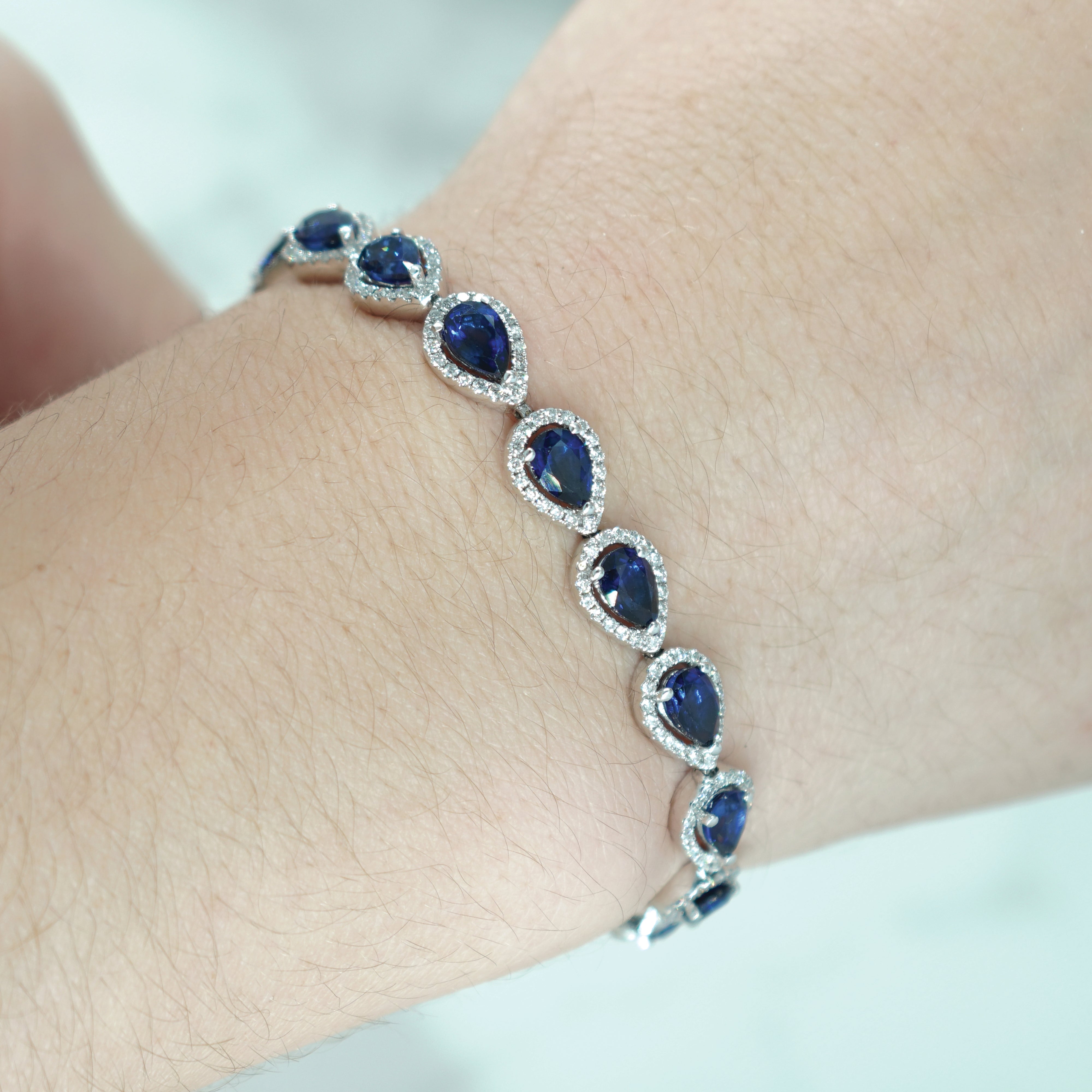 18K White Gold Pear Cut Sapphire & Diamond Bracelet Bracelets