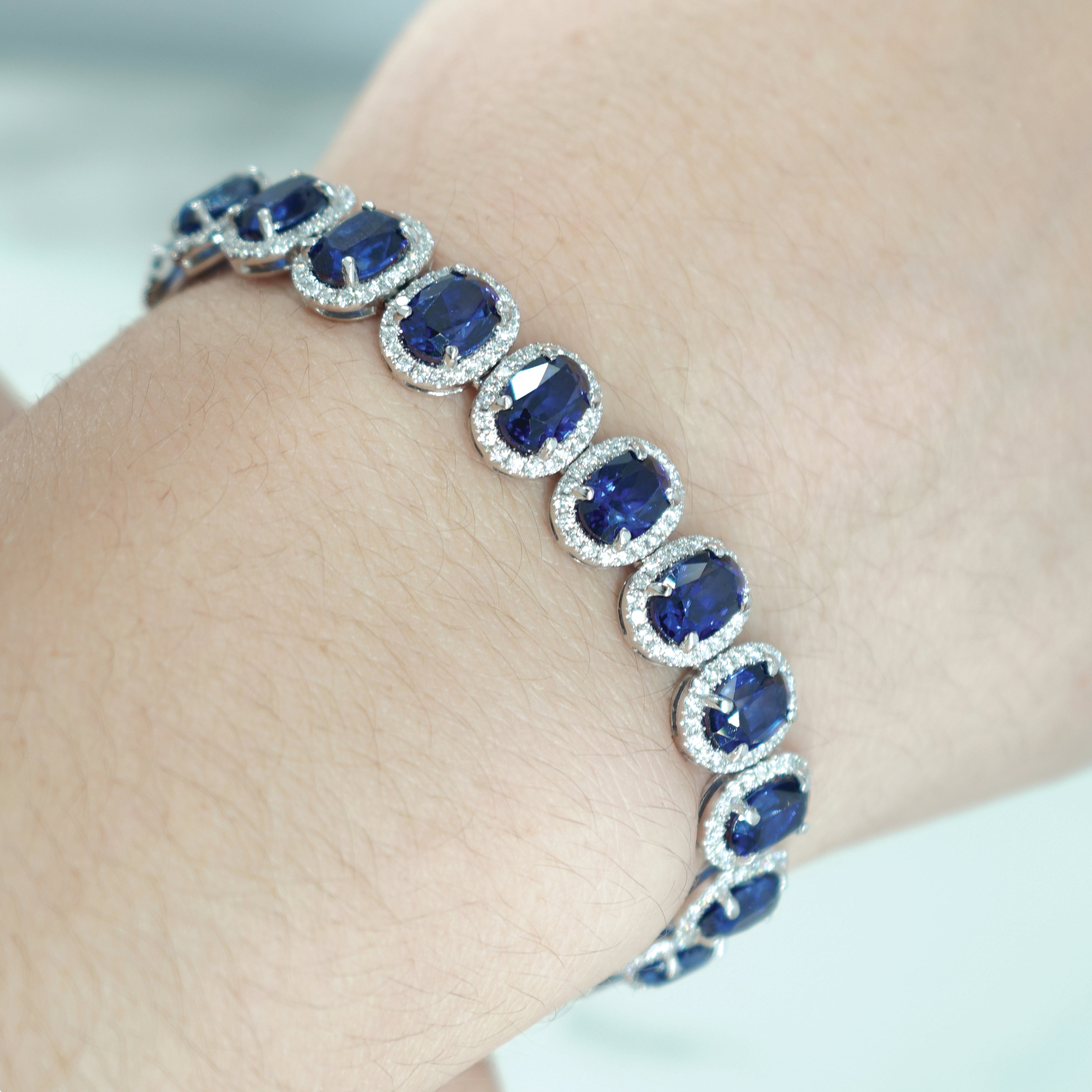 18K White Gold Oval Cut Sapphire & Diamond Bracelet Bracelets