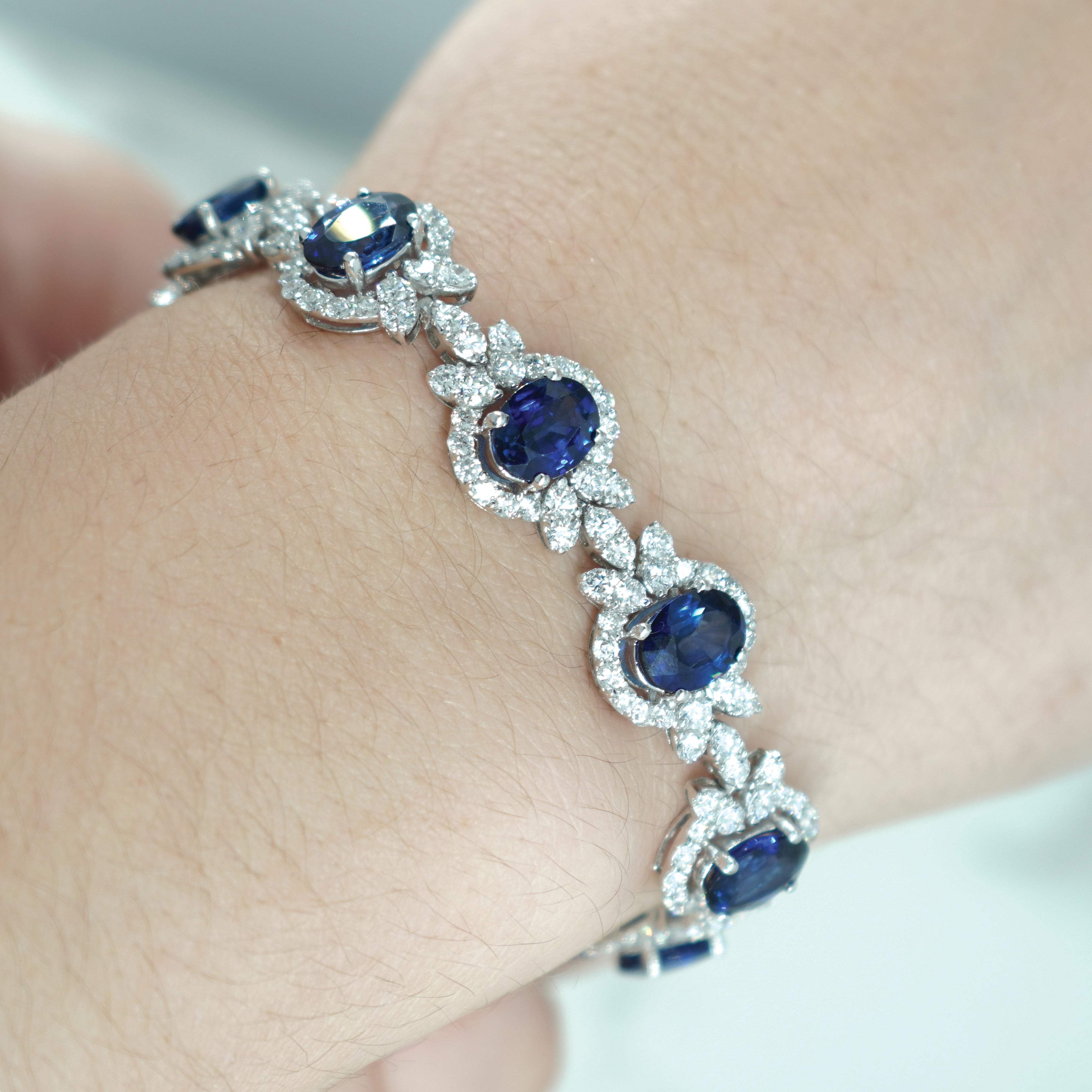 18K White Gold Oval Cut Sapphire & Diamond Bracelet Bracelets