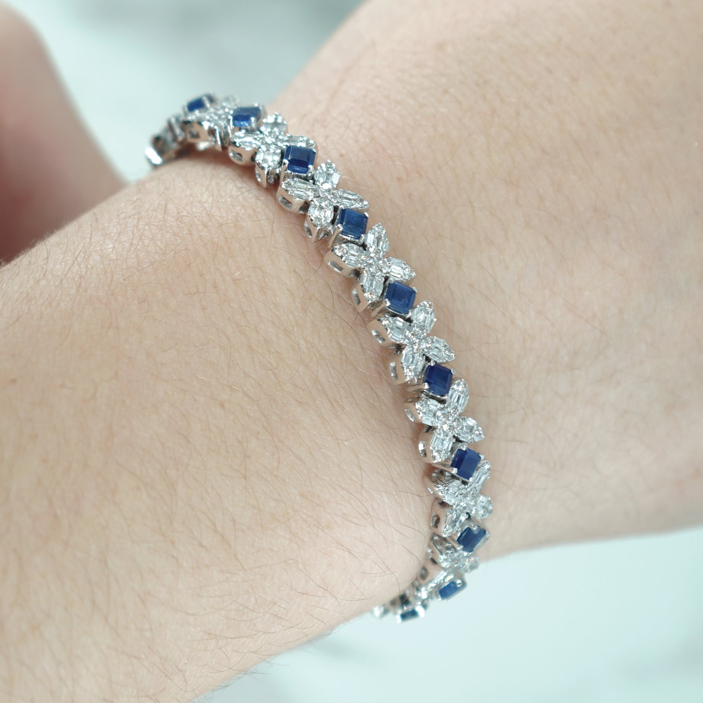 14K White Gold Asscher Cut Sapphire & Diamond Bracelet