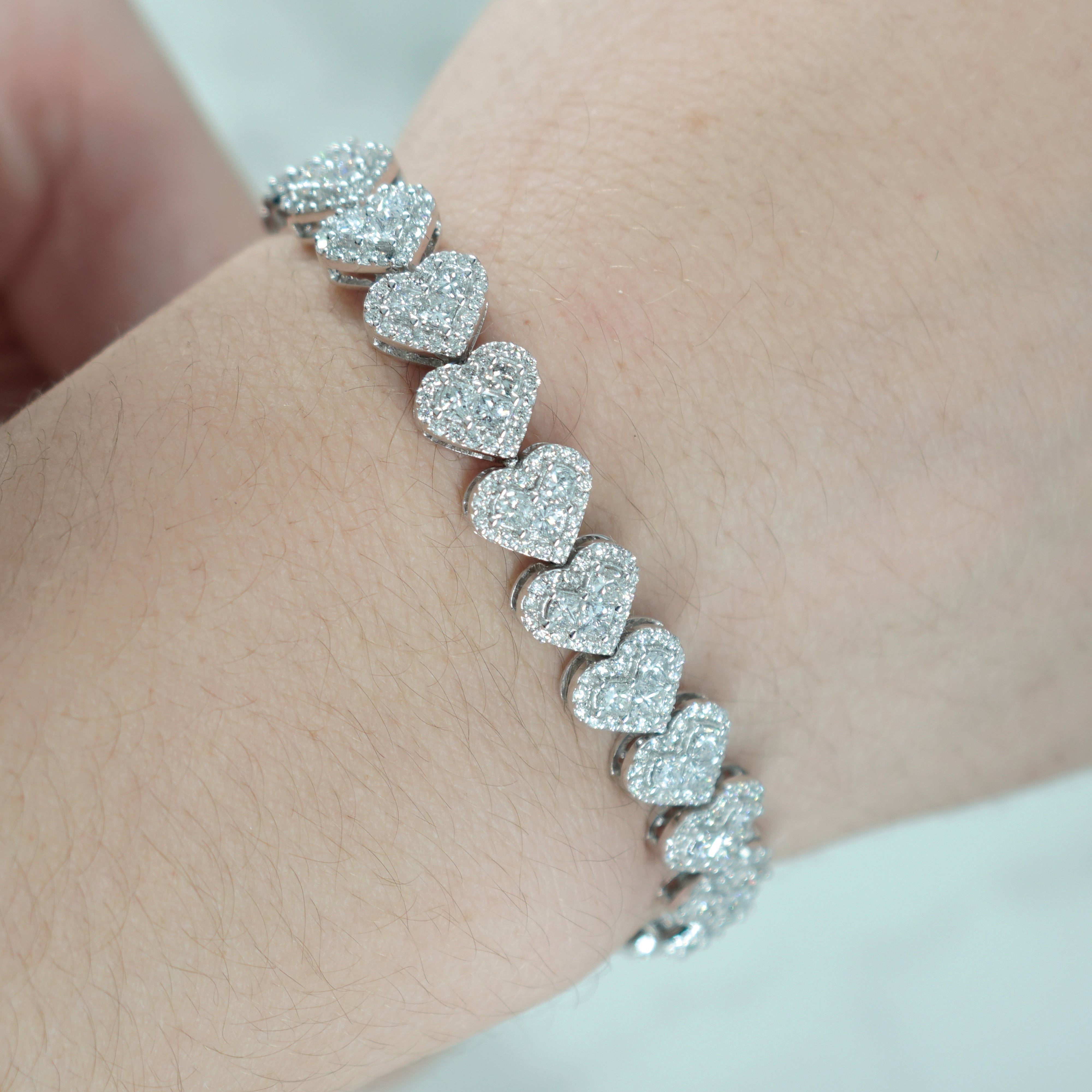 14K White Gold Princess Cut Diamond Heart Shaped Bracelet 7.97Ct Bracelets