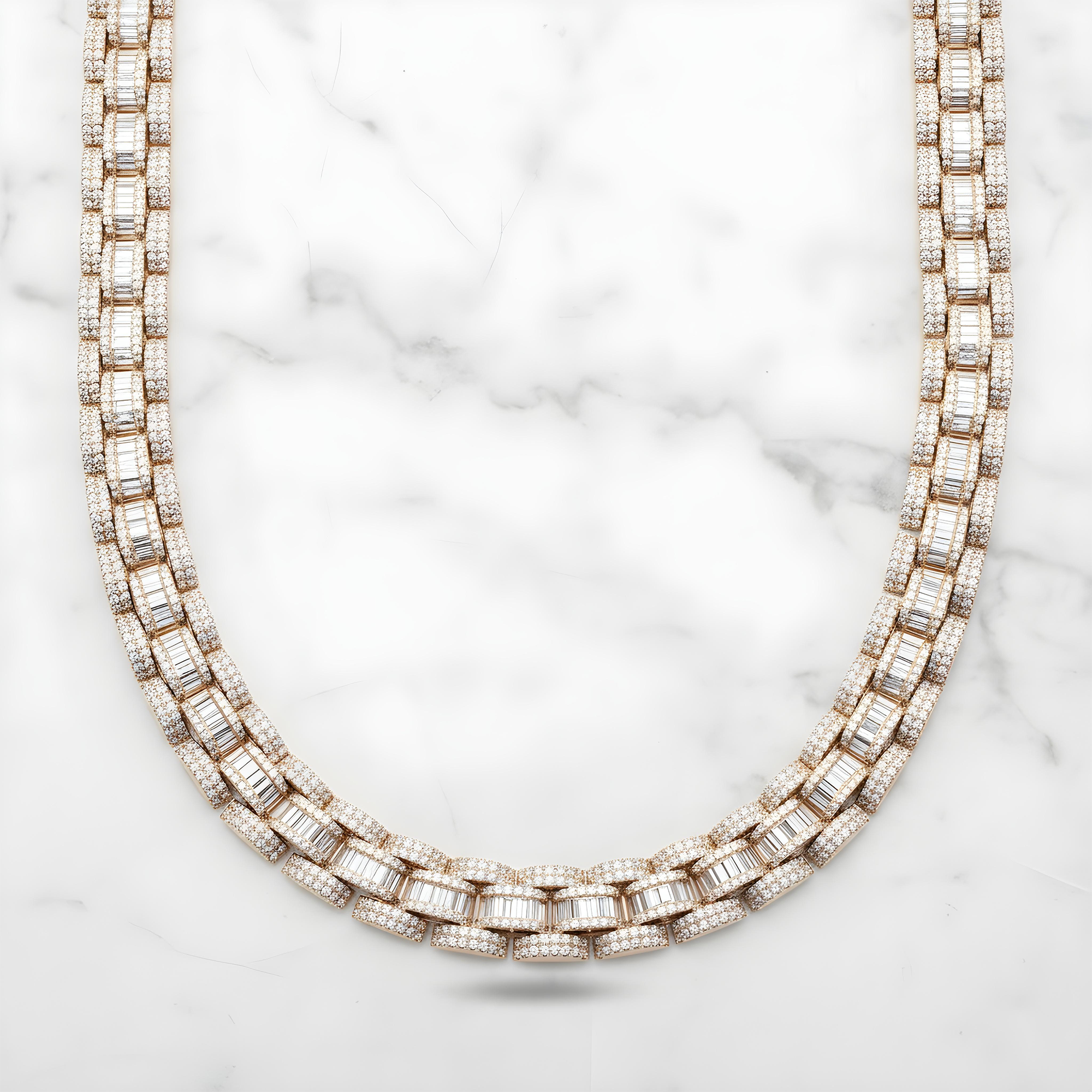 14K Yellow Gold Round & Baguette Cut Diamond Chain 46.69ct