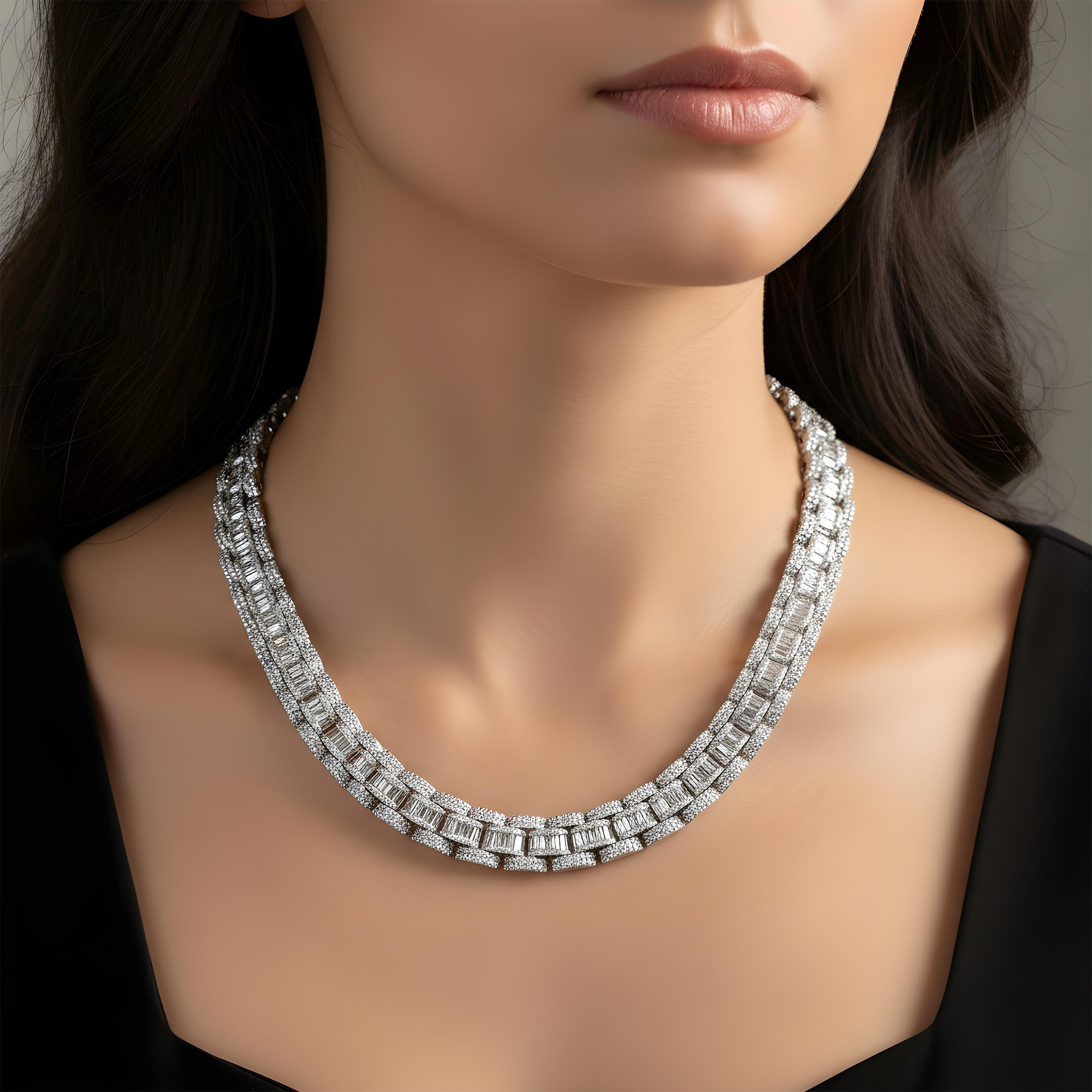 14K Yellow Gold Round & Baguette Cut Diamond Chain 46.69ct