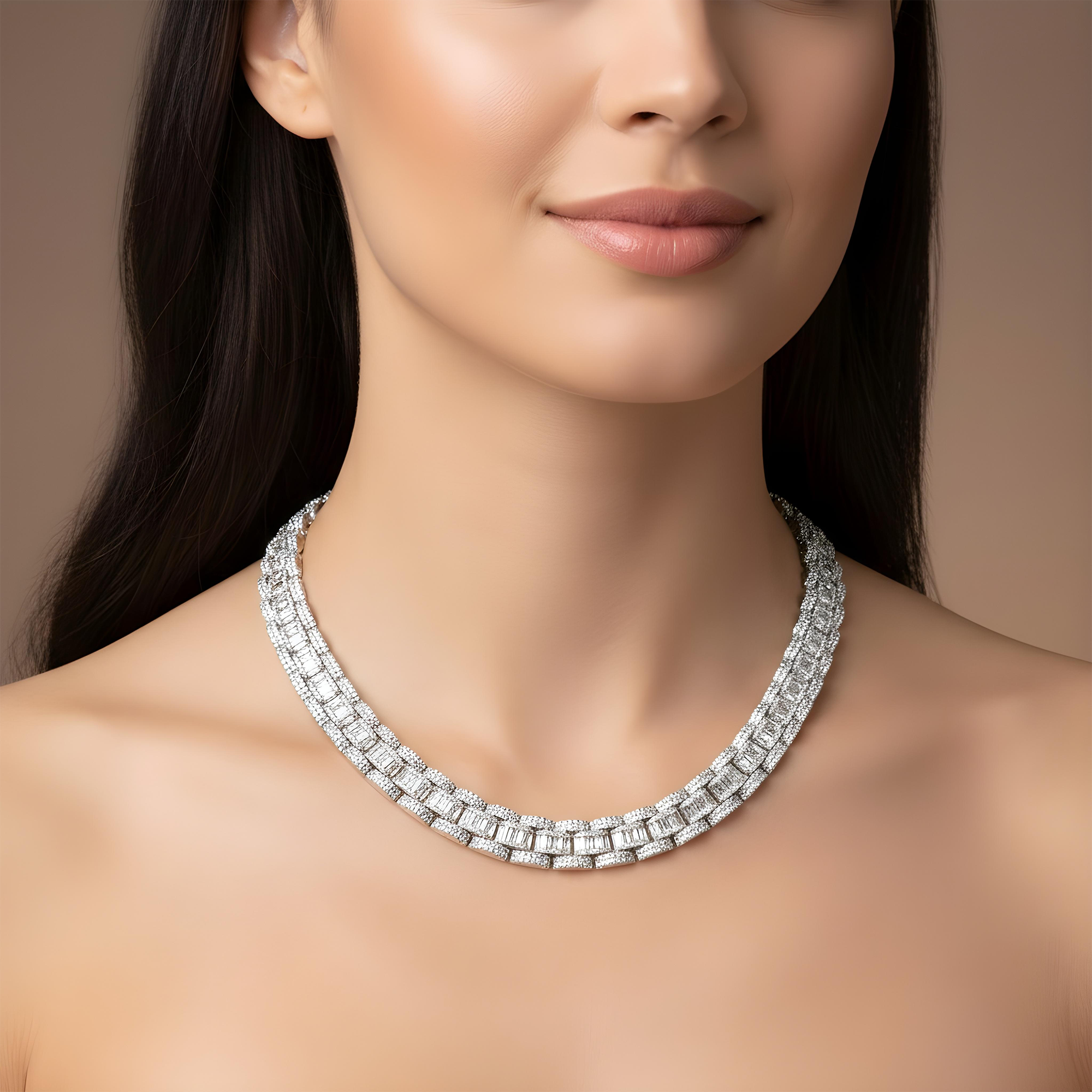 14K Yellow Gold Round & Baguette Cut Diamond Chain 46.69ct