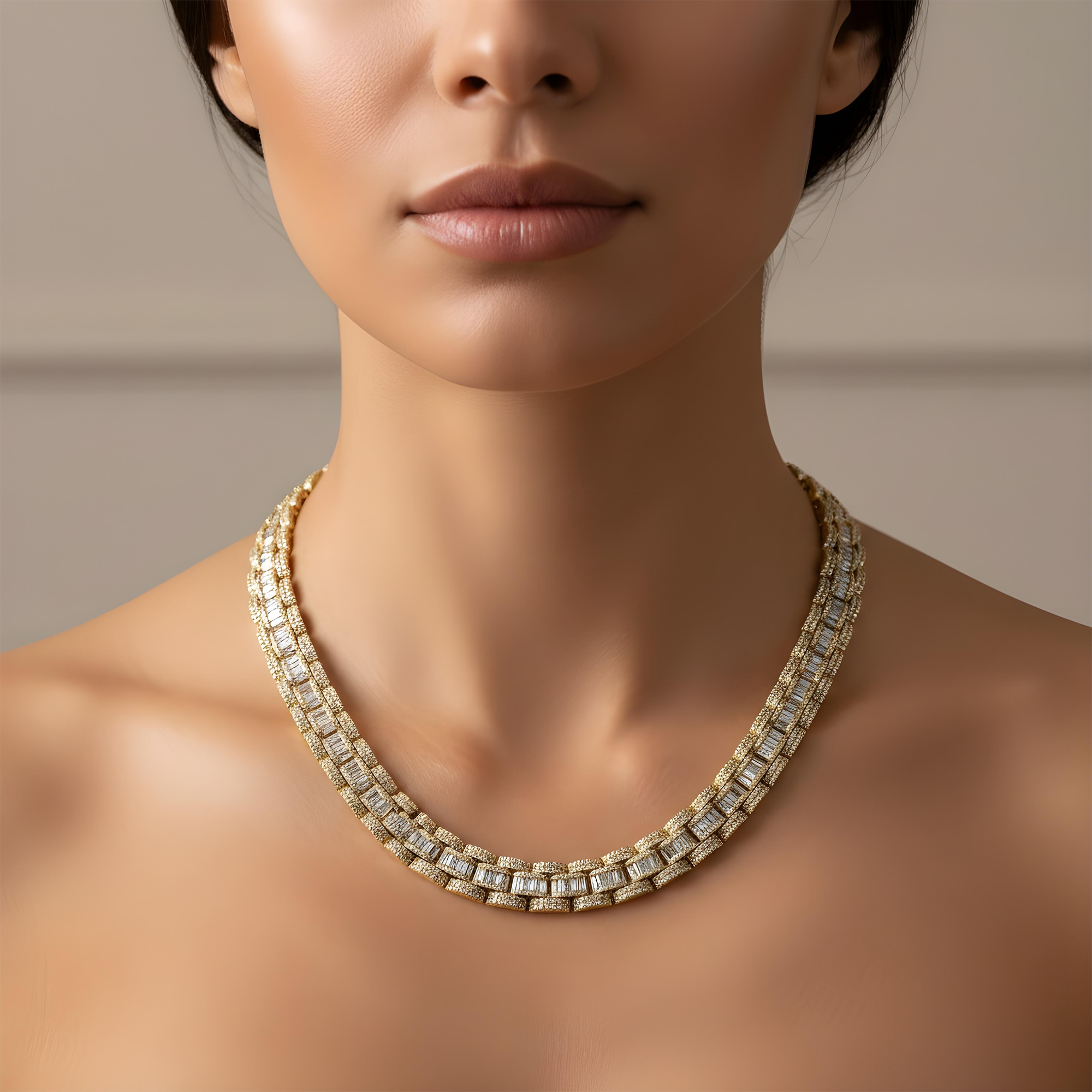 14K Yellow Gold Round & Baguette Cut Diamond Chain 46.69ct