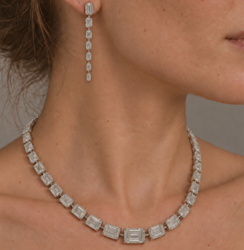 2 Piece Bundle Deal - Graduated Emerald Diamond Drop Earrings + Necklace Set