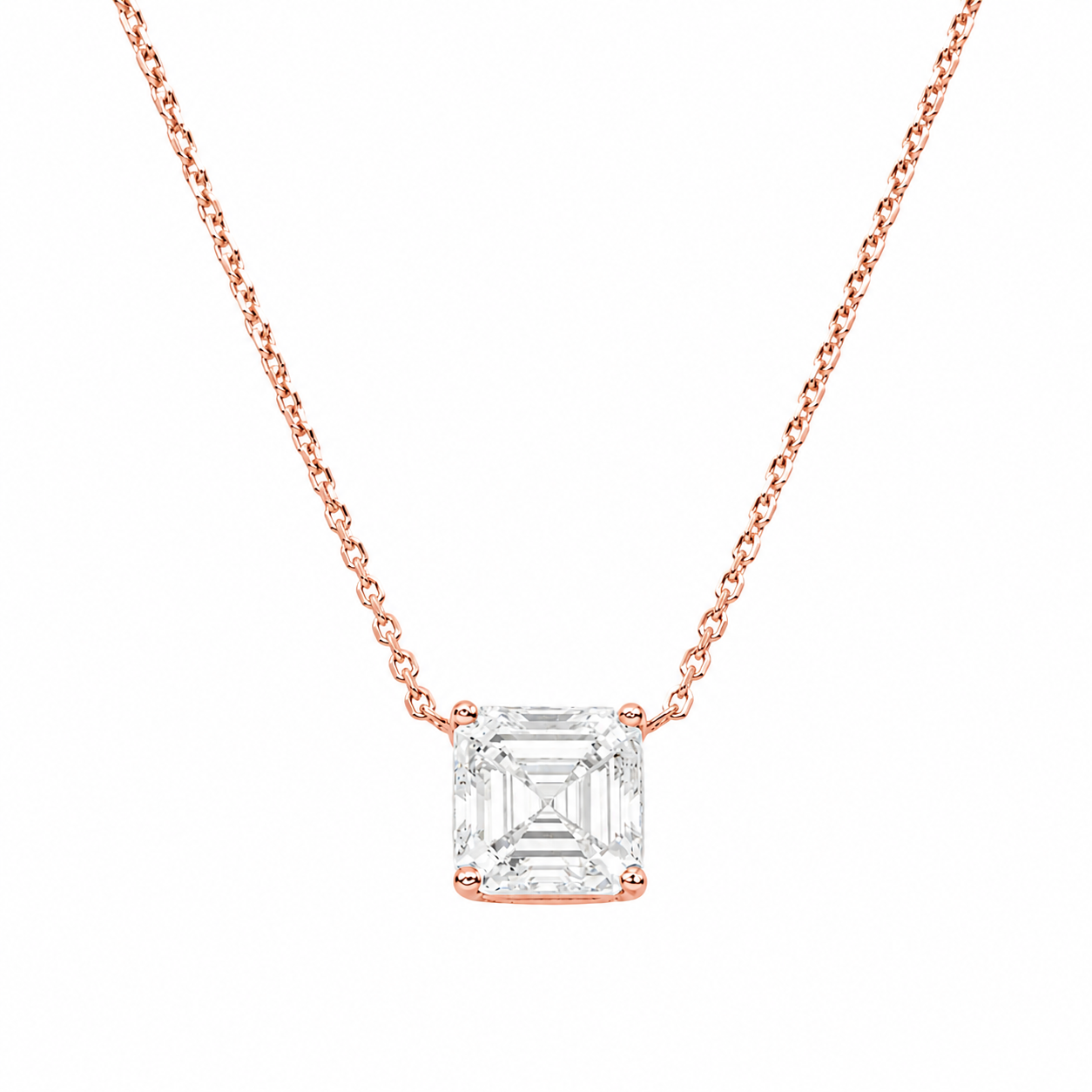 Choose Your Size - 14K White Gold IGI Asscher Diamond Solitaire Adjustable Chain Necklace (2.0ct-6.0ct total)