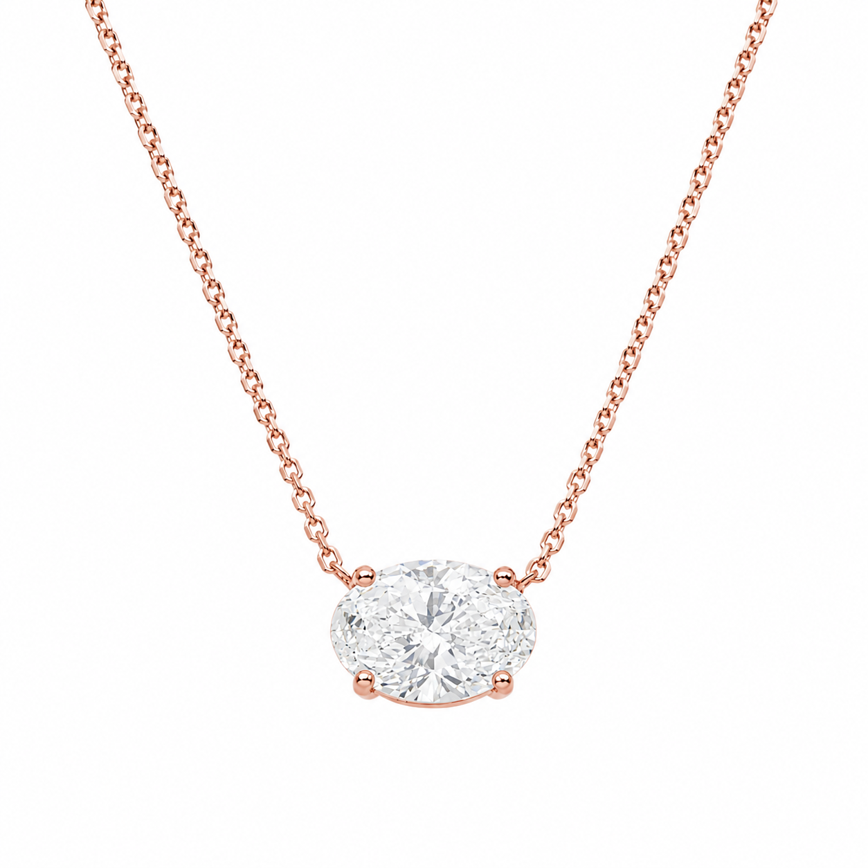 Choose Your Size - 14K White Gold IGI Horizontal Oval Diamond Solitaire Adjustable Chain Necklace (2.0ct-6.0ct total)