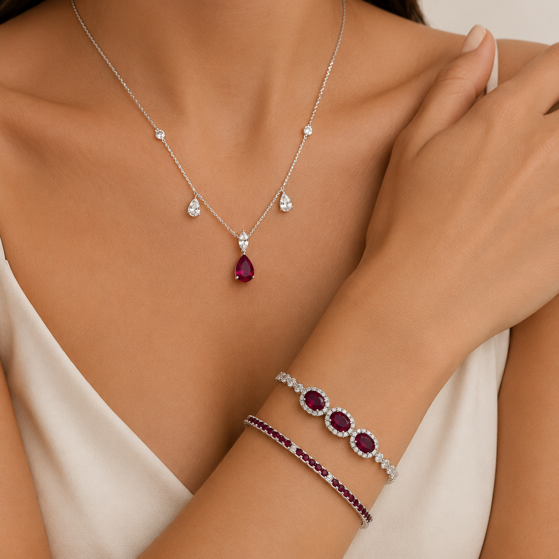 3 Piece Bundle Deal - White Gold Ruby & Diamond Necklace & Bracelets Set