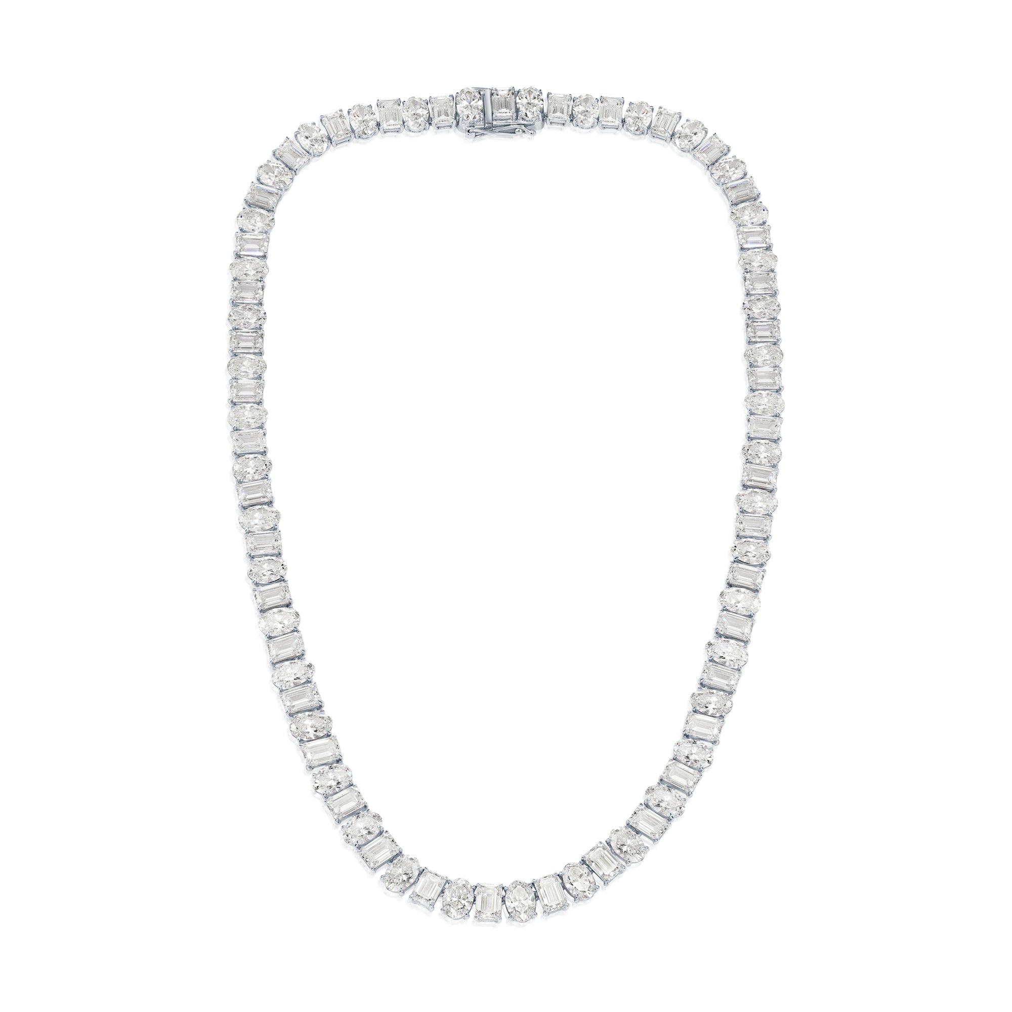 14K White Gold Oval & Emerald Cut Diamond Chain 82.59Ct Necklace