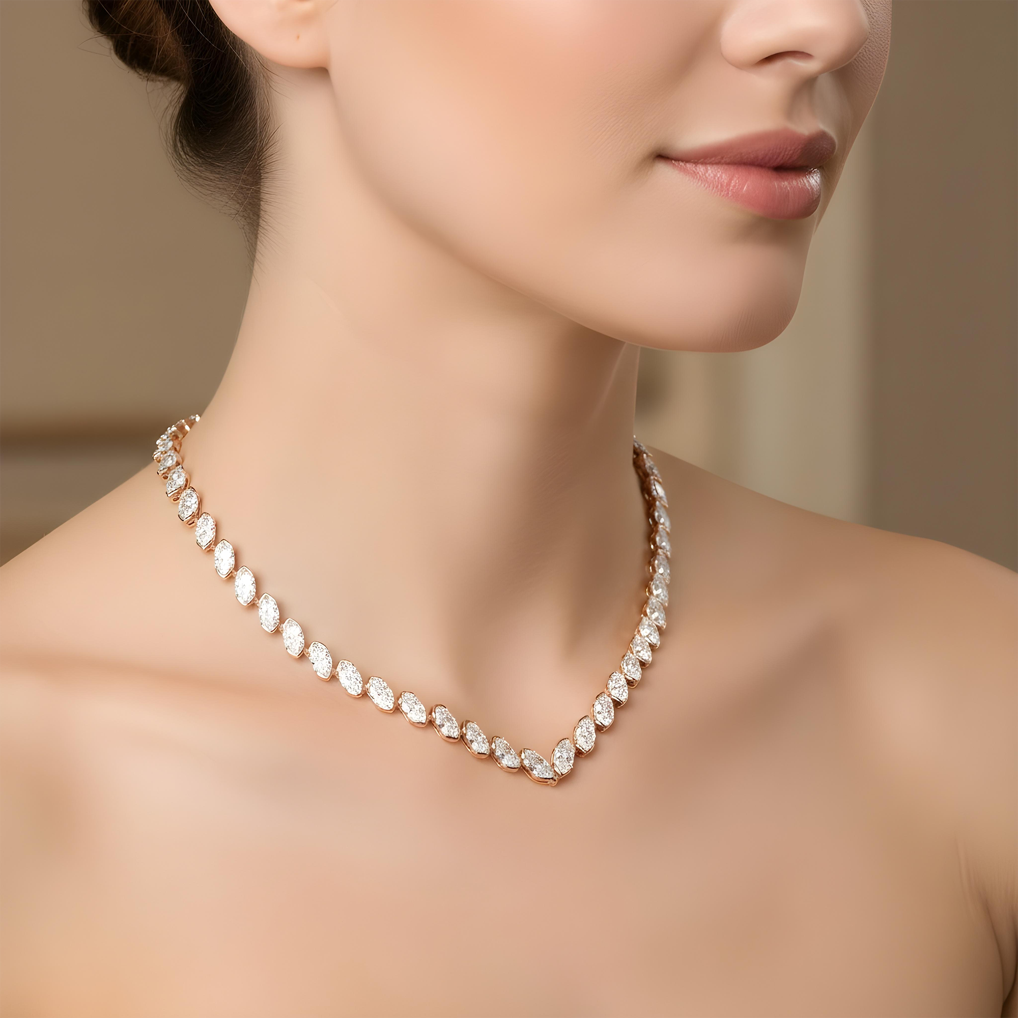 14K White Gold Bezel Set Marquise Cut Satellite Necklace 43.84ct