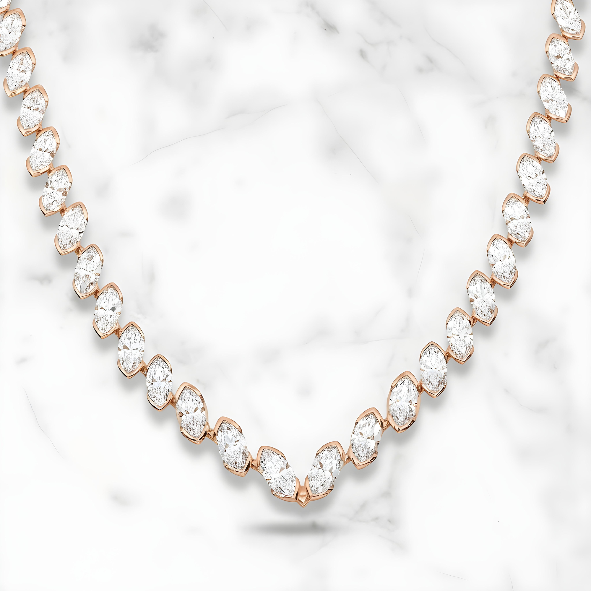 14K White Gold Bezel Set Marquise Cut Satellite Necklace 43.84ct