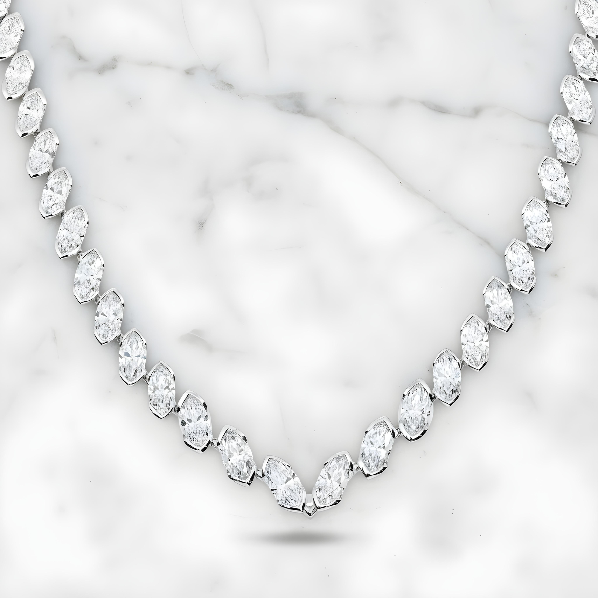 14K White Gold Bezel Set Marquise Cut Satellite Necklace 43.84ct