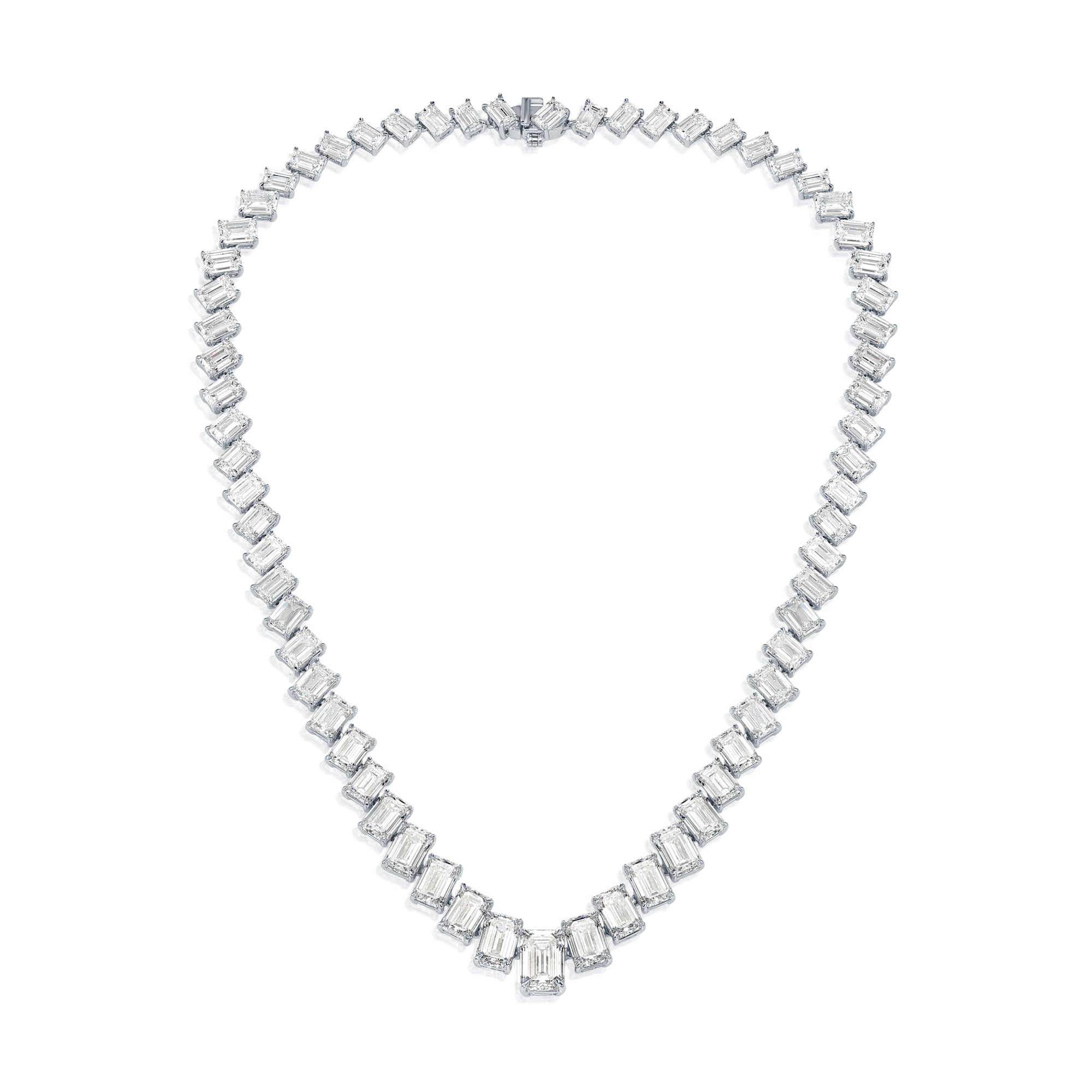 18K White Gold Graduated Emerald Cut Diamond Necklace 55.56Ct Necklace